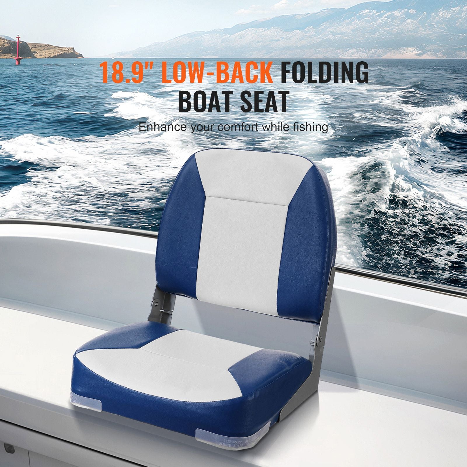 Boat Seat, 480 mm Low Back Boat Seat, Folding Boat Chair with Thickened Sponge Padding and Hinge, Fold-Down Boat Captain Chair for Fishing Boat, Sightseeing Boat, Speedboat, Canoe, 1-Piece