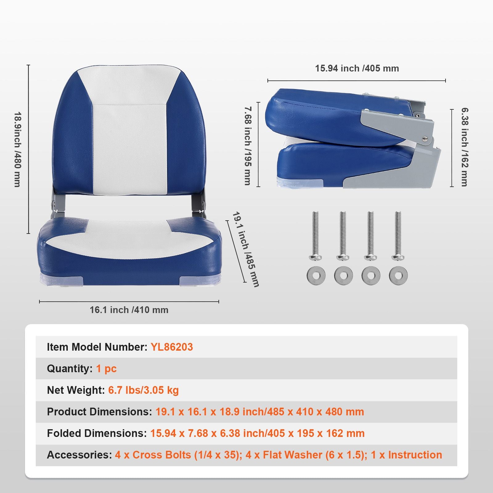 Boat Seat, 480 mm Low Back Boat Seat, Folding Boat Chair with Thickened Sponge Padding and Hinge, Fold-Down Boat Captain Chair for Fishing Boat, Sightseeing Boat, Speedboat, Canoe, 1-Piece