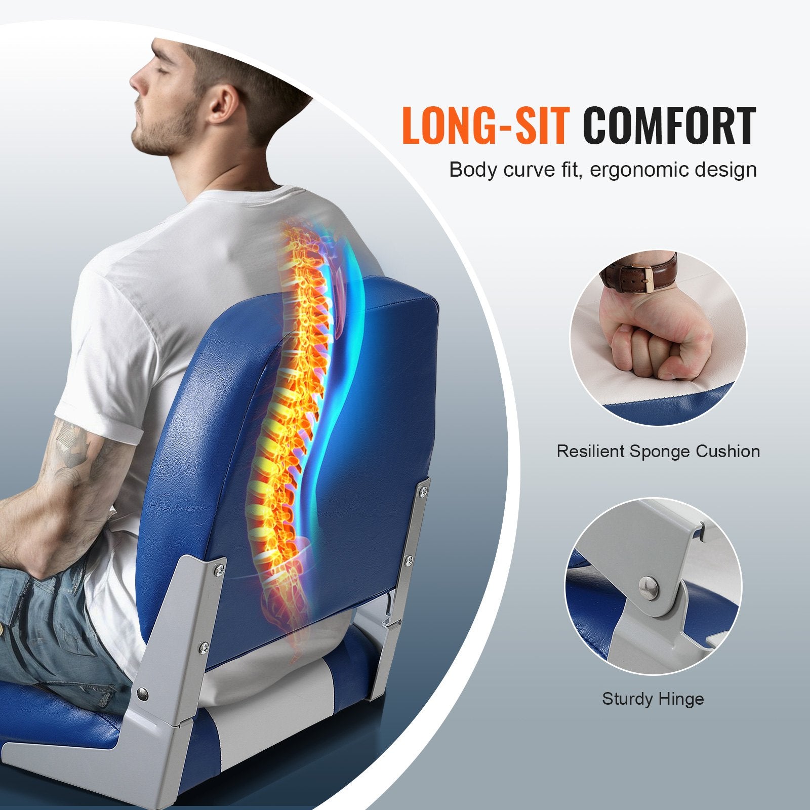 Boat Seat, 480 mm Low Back Boat Seat, Folding Boat Chair with Thickened Sponge Padding and Hinge, Fold-Down Boat Captain Chair for Fishing Boat, Sightseeing Boat, Speedboat, Canoe, 1-Piece