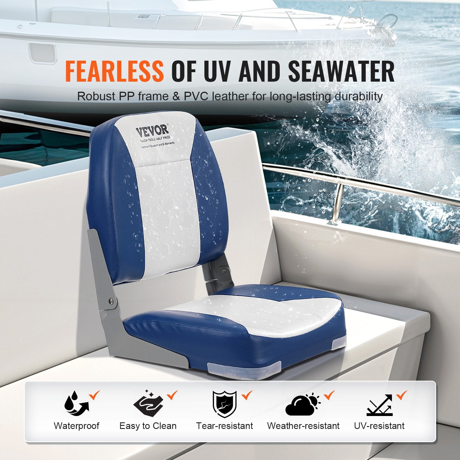 Boat Seat, 480 mm Low Back Boat Seat, Folding Boat Chair with Thickened Sponge Padding and Hinge, Fold-Down Boat Captain Chair for Fishing Boat, Sightseeing Boat, Speedboat, Canoe, 1-Piece