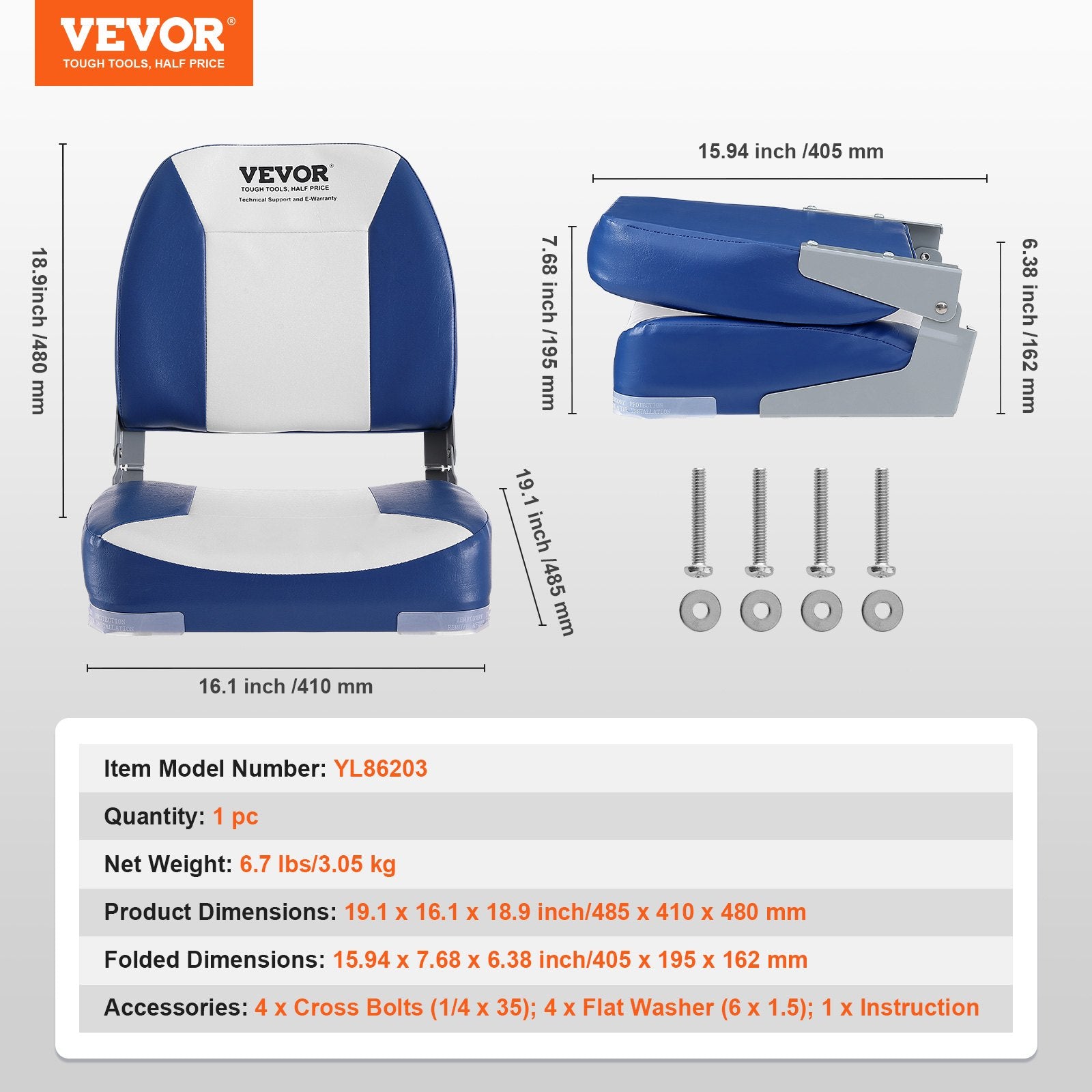 Boat Seat, 480 mm Low Back Boat Seat, Folding Boat Chair with Thickened Sponge Padding and Hinge, Fold-Down Boat Captain Chair for Fishing Boat, Sightseeing Boat, Speedboat, Canoe, 1-Piece