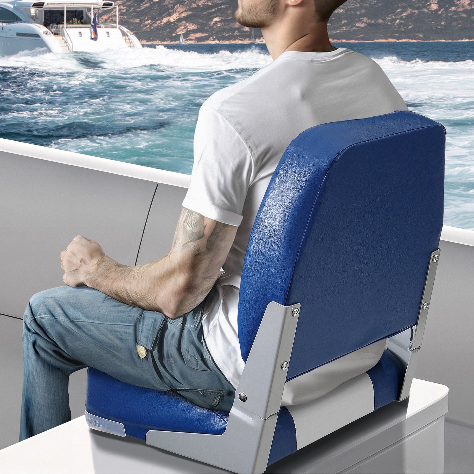 Boat Seat, 480 mm Low Back Boat Seat, Folding Boat Chair with Thickened Sponge Padding and Hinge, Fold-Down Boat Captain Chair for Fishing Boat, Sightseeing Boat, Speedboat, Canoe, 1-Piece