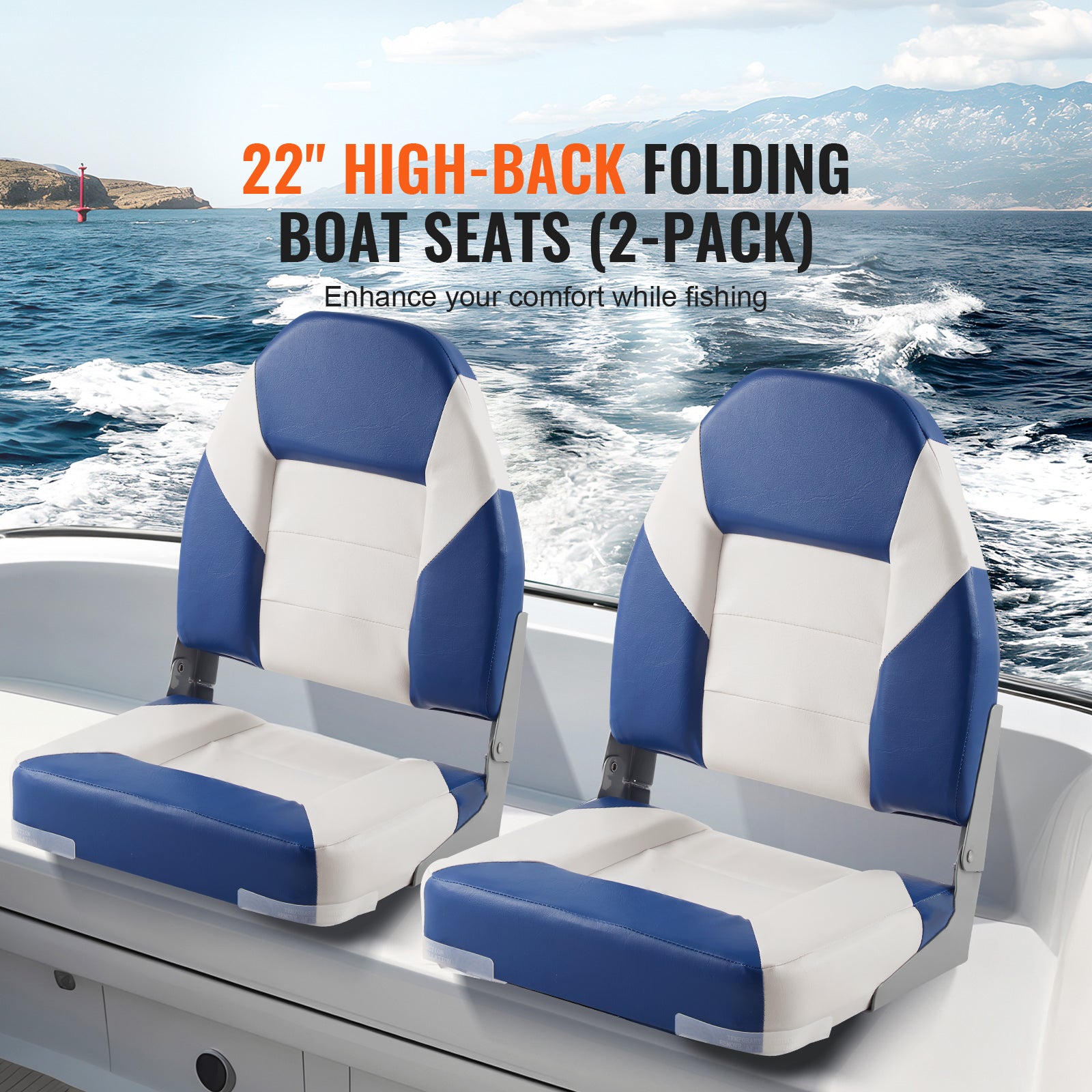 Boat Seats, 555 mm High Back Boat Seat, Folding Boat Chair with Thickened Sponge Padding and Hinge, Fold-Down Boat Captain Chairs for Fishing Boat, Sightseeing Boat, Speedboat, Canoe, 2-Pack