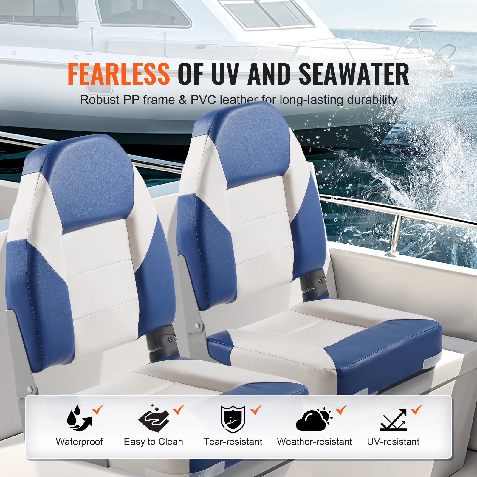 Boat Seats, 555 mm High Back Boat Seat, Folding Boat Chair with Thickened Sponge Padding and Hinge, Fold-Down Boat Captain Chairs for Fishing Boat, Sightseeing Boat, Speedboat, Canoe, 2-Pack