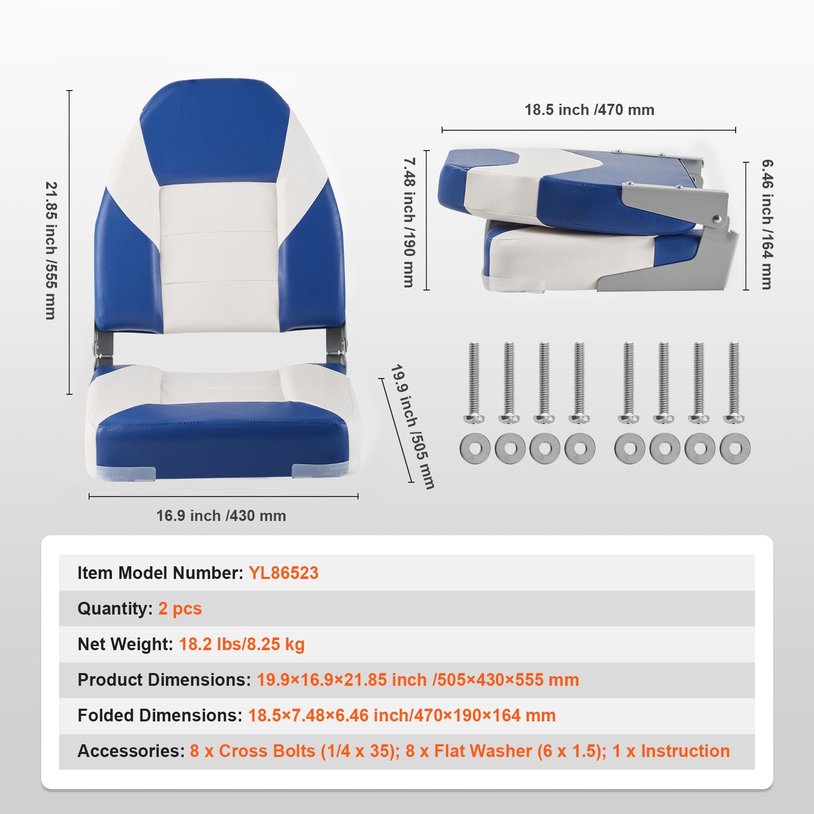 Boat Seats, 555 mm High Back Boat Seat, Folding Boat Chair with Thickened Sponge Padding and Hinge, Fold-Down Boat Captain Chairs for Fishing Boat, Sightseeing Boat, Speedboat, Canoe, 2-Pack