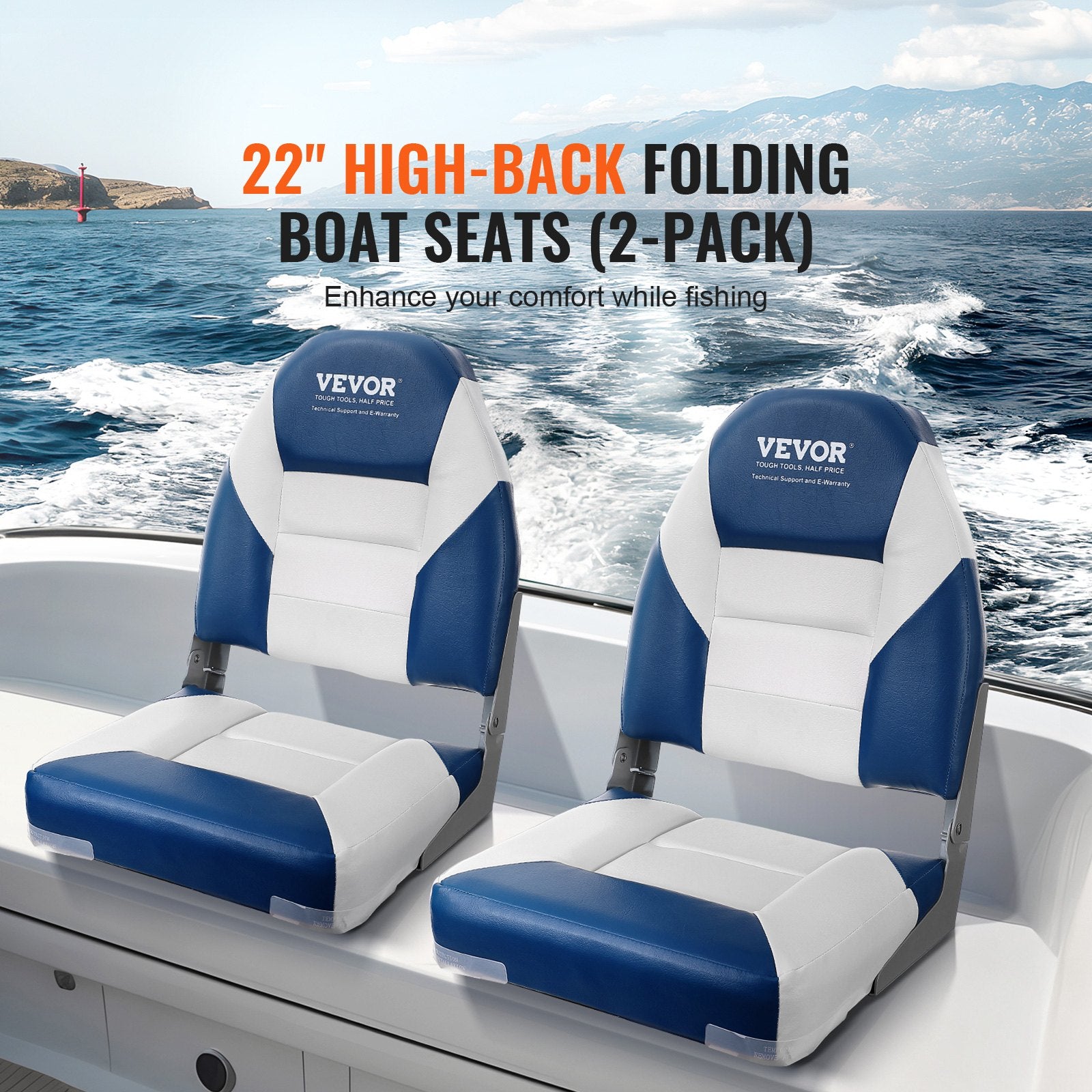 Boat Seats, 555 mm High Back Boat Seat, Folding Boat Chair with Thickened Sponge Padding and Hinge, Fold-Down Boat Captain Chairs for Fishing Boat, Sightseeing Boat, Speedboat, Canoe, 2-Pack