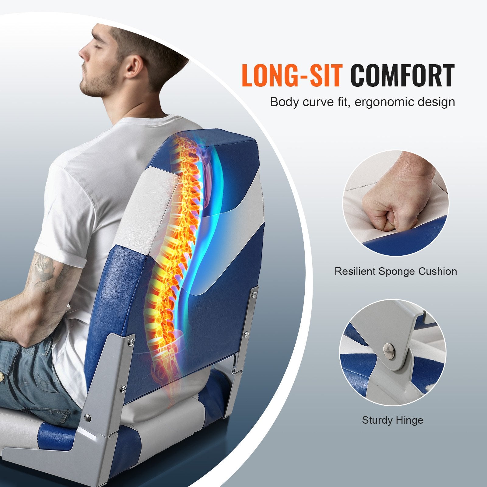 Boat Seats, 555 mm High Back Boat Seat, Folding Boat Chair with Thickened Sponge Padding and Hinge, Fold-Down Boat Captain Chairs for Fishing Boat, Sightseeing Boat, Speedboat, Canoe, 2-Pack