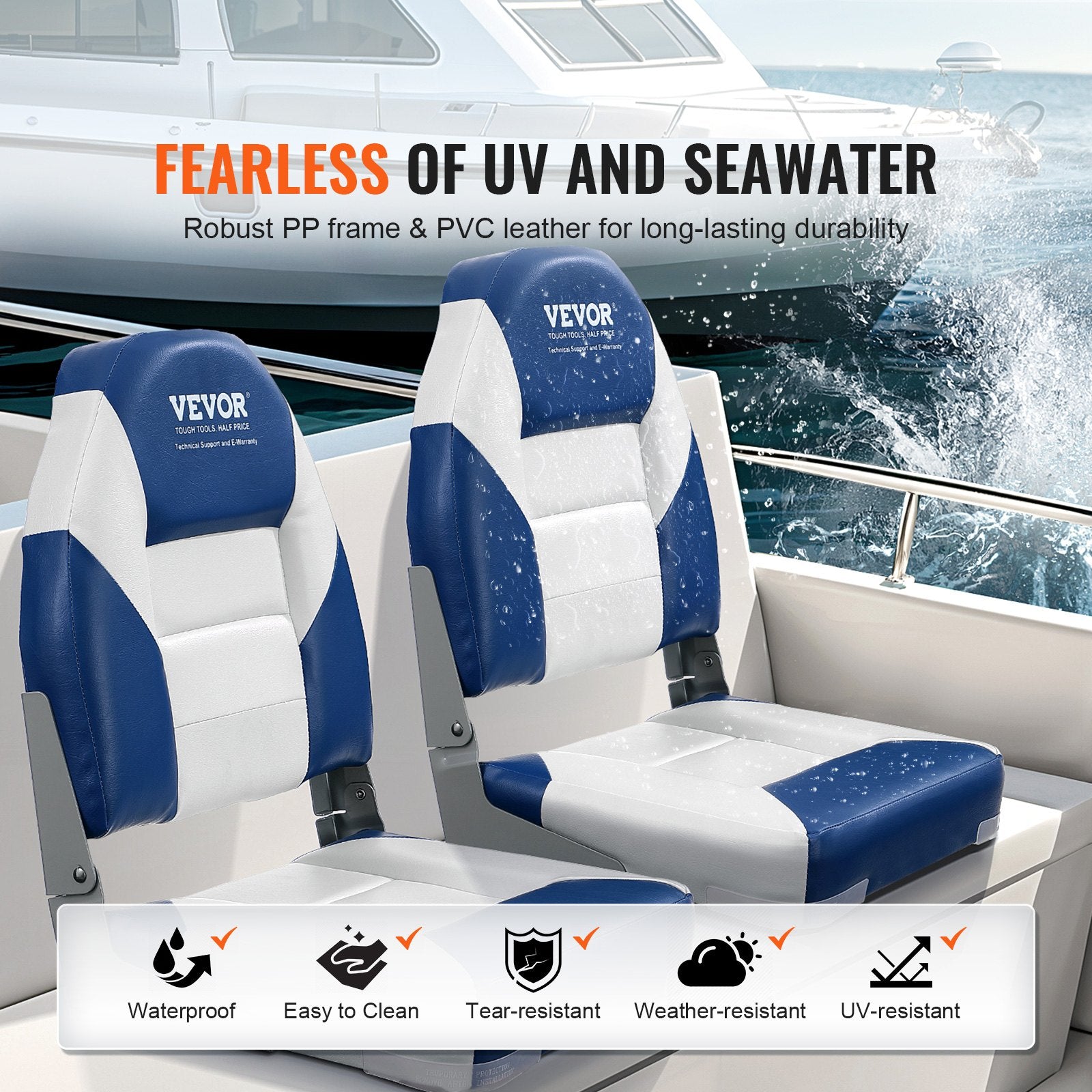 Boat Seats, 555 mm High Back Boat Seat, Folding Boat Chair with Thickened Sponge Padding and Hinge, Fold-Down Boat Captain Chairs for Fishing Boat, Sightseeing Boat, Speedboat, Canoe, 2-Pack