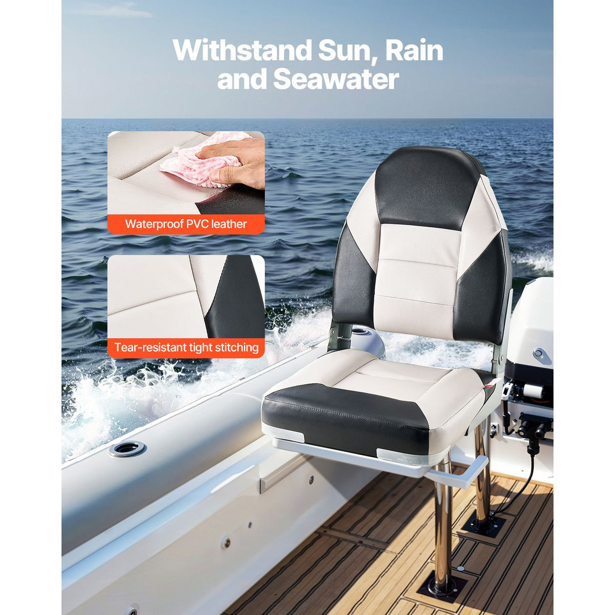 Boat Seat, High Backrest, Folding Fishing Boat Seat with Thickened Sponge Cushion & Waterproof PVC Leather, Aluminum Alloy Hinges, Flip Up Boat Seat for Boats, Yachts, Ships, Black & Grey