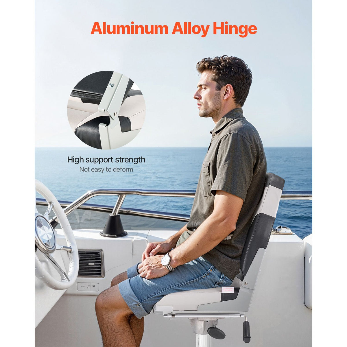 Boat Seat, High Backrest, Folding Fishing Boat Seat with Thickened Sponge Cushion & Waterproof PVC Leather, Aluminum Alloy Hinges, Flip Up Boat Seat for Boats, Yachts, Ships, Black & Grey