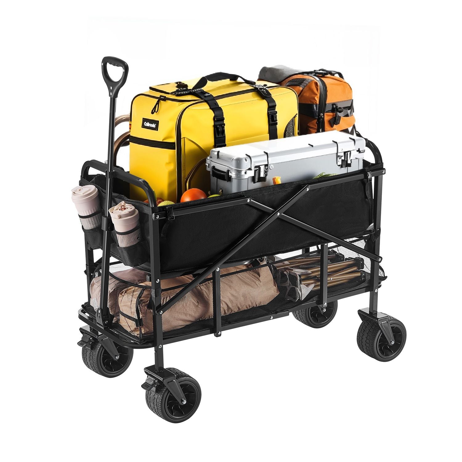 Double Decker Wagon Collapsible, 400L Heavy Duty Folding Wagon Cart, Extended Long Garden Cart with All-Terrain Wheels, Support Up to 450lbs, Outdoor Utility Wagon for Camping, Sports, Shopping