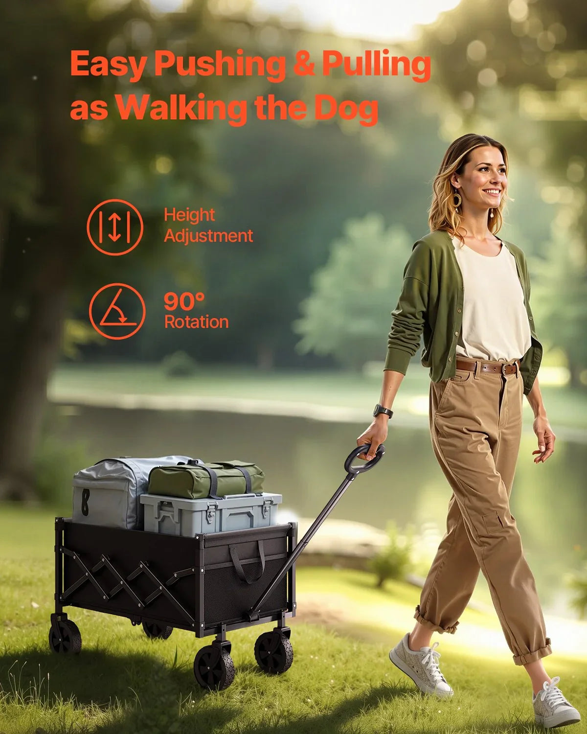 Collapsible Wagon Carts, 120L & 225LBS Folding Wagons with All-Terrain Wheels, Heavy Duty Outdoor Utility Cart with Adjustable Handle, Portable Camping Cart for Beach Grocery Garden Black