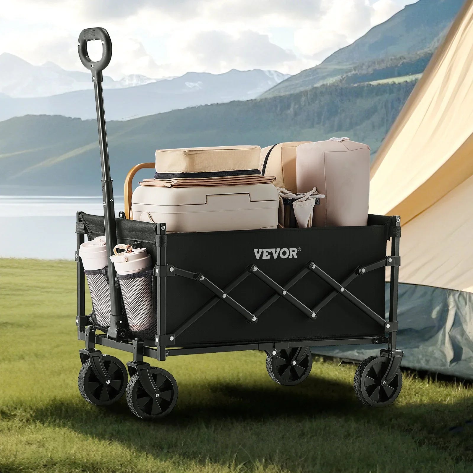 Collapsible Wagon Carts, 120L & 225LBS Folding Wagons with All-Terrain Wheels, Heavy Duty Outdoor Utility Cart with Adjustable Handle, Portable Camping Cart for Beach Grocery Garden Black