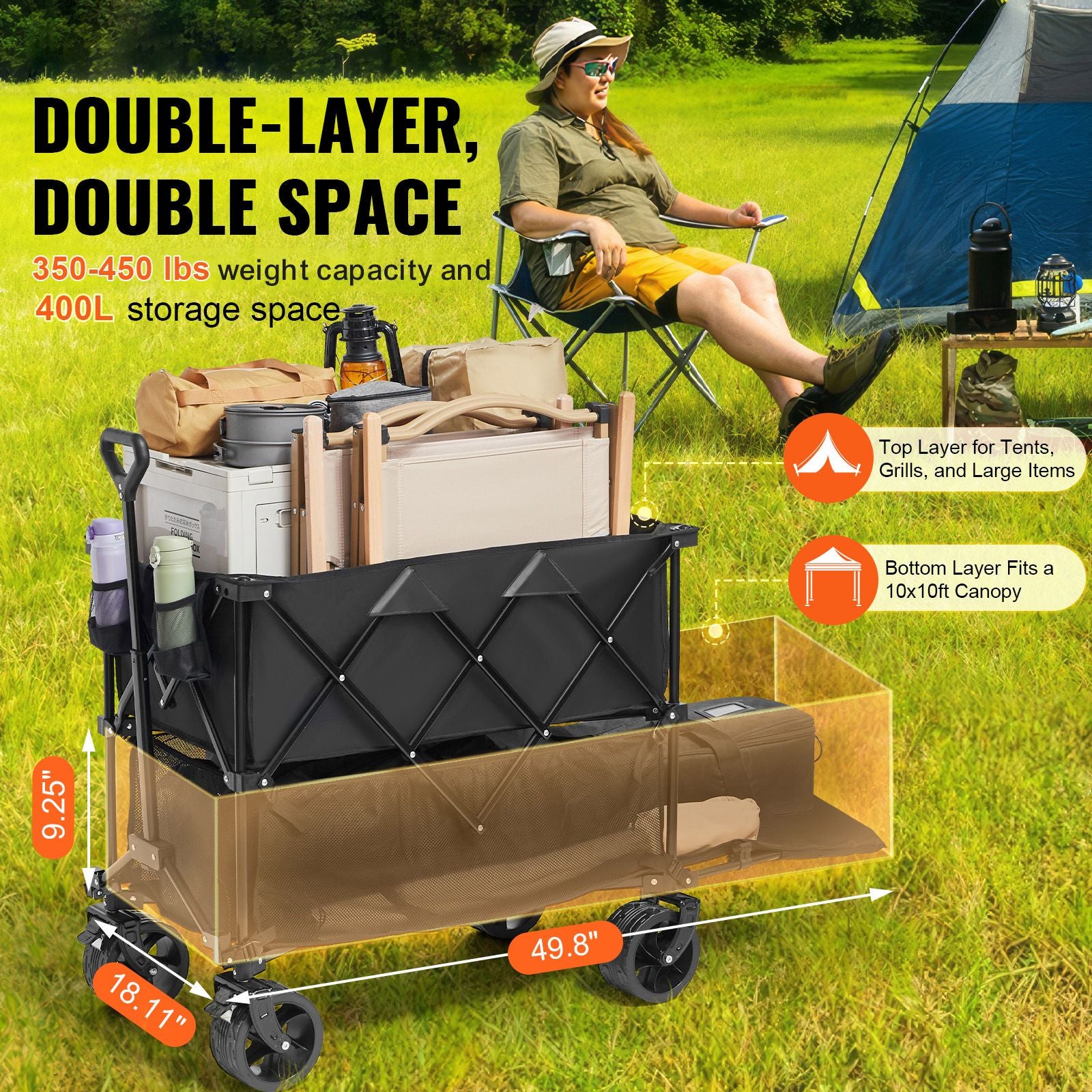 400L Foldable Double Decker Wagon Cart Heavy Duty All Terrain Wheels