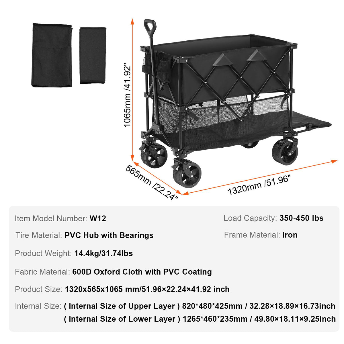 400L Foldable Double Decker Wagon Cart Heavy Duty All Terrain Wheels