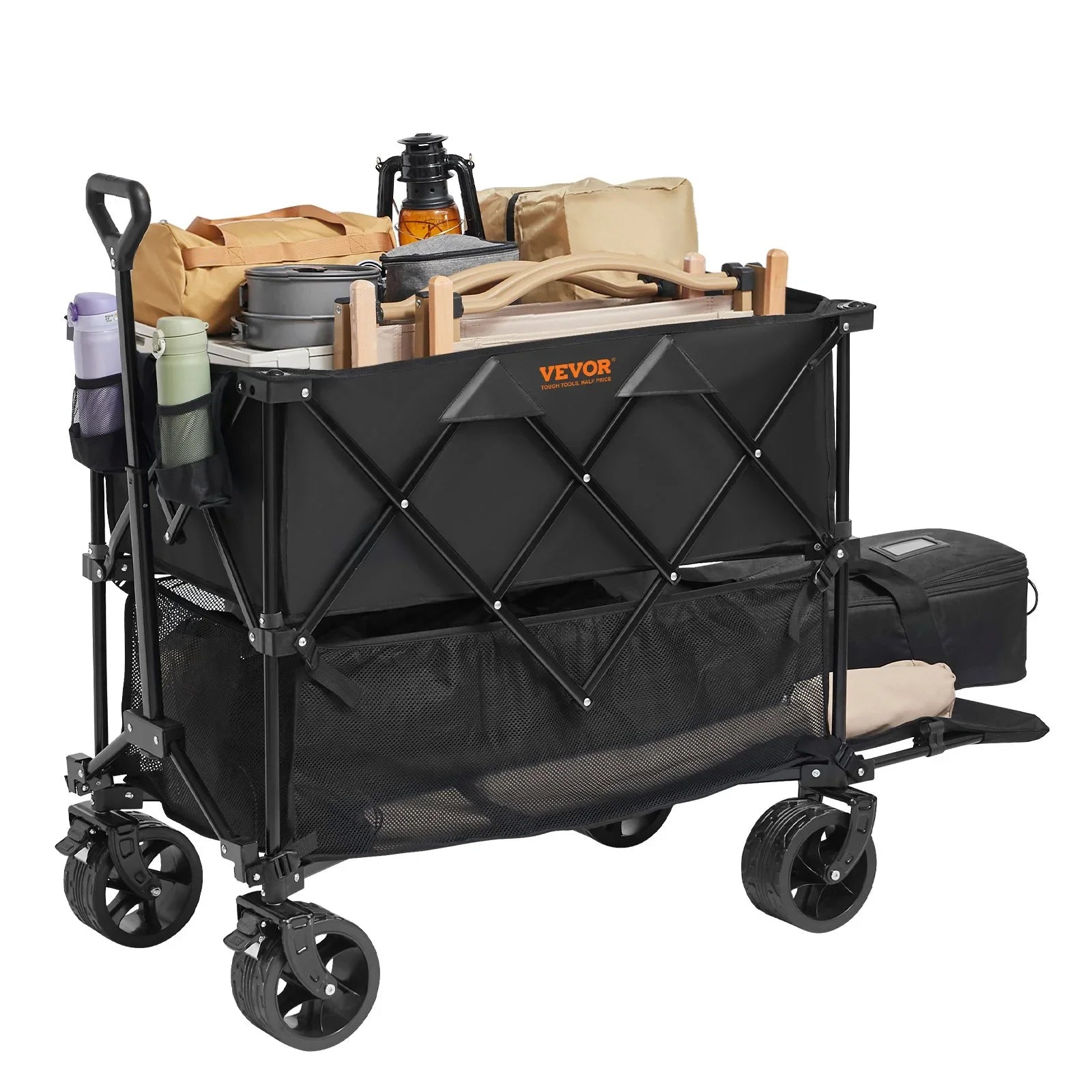 Foldable Double Decker Wagon, 400L Collapsible Wagon Cart with All-Terrain Wheels, Heavy Duty Folding Wagon Cart 350-450 lb Weight Capacity for Camping, Shopping, Garden, 52