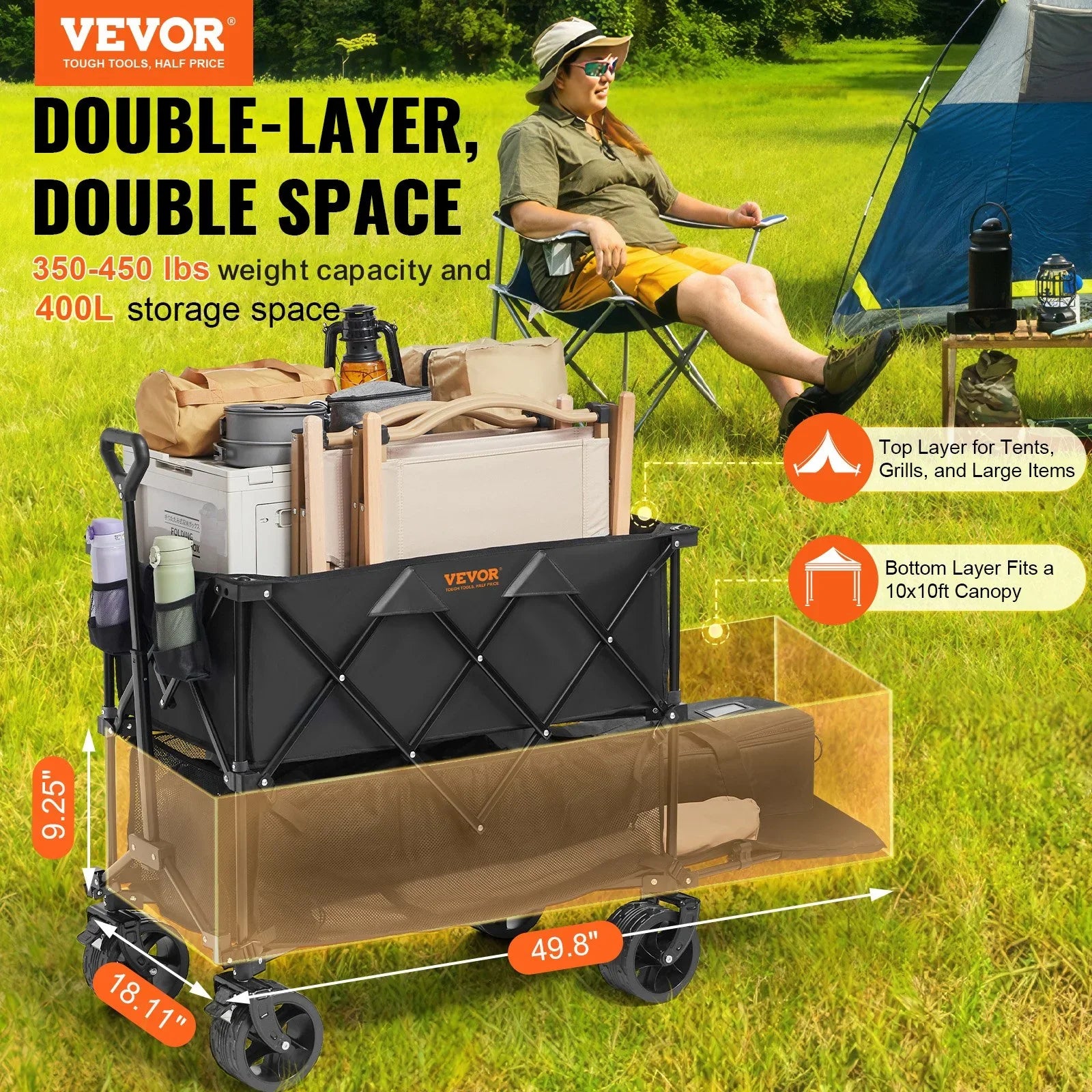 Foldable Double Decker Wagon, 400L Collapsible Wagon Cart with All-Terrain Wheels, Heavy Duty Folding Wagon Cart 350-450 lb Weight Capacity for Camping, Shopping, Garden, 52