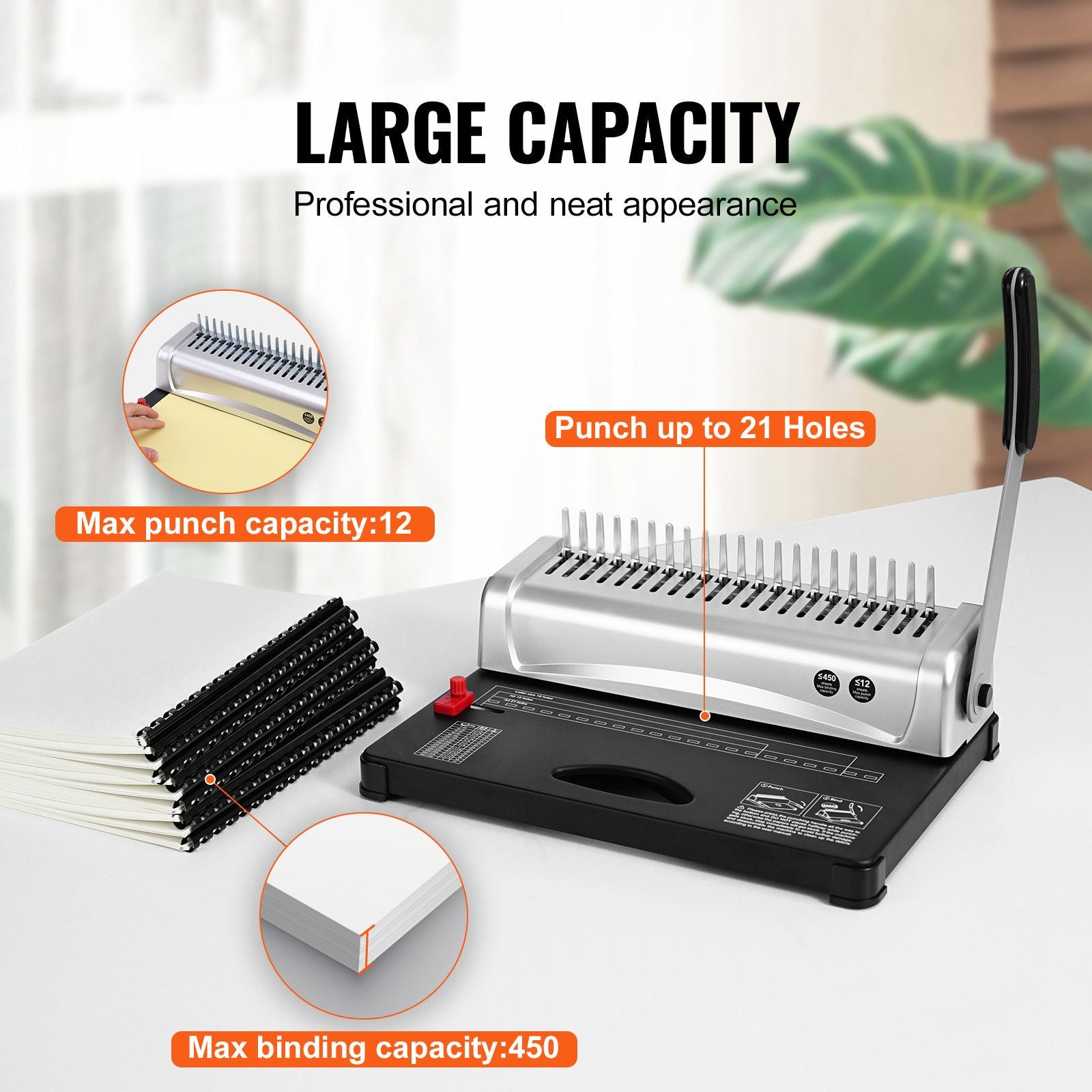 Binding Machine, Comb Binding Machine 21-Holes Binding 450 Sheets, Book Binder Machine with 100 PCS 3/8'' Comb Binding Spines, for Letter Size, A4, A5