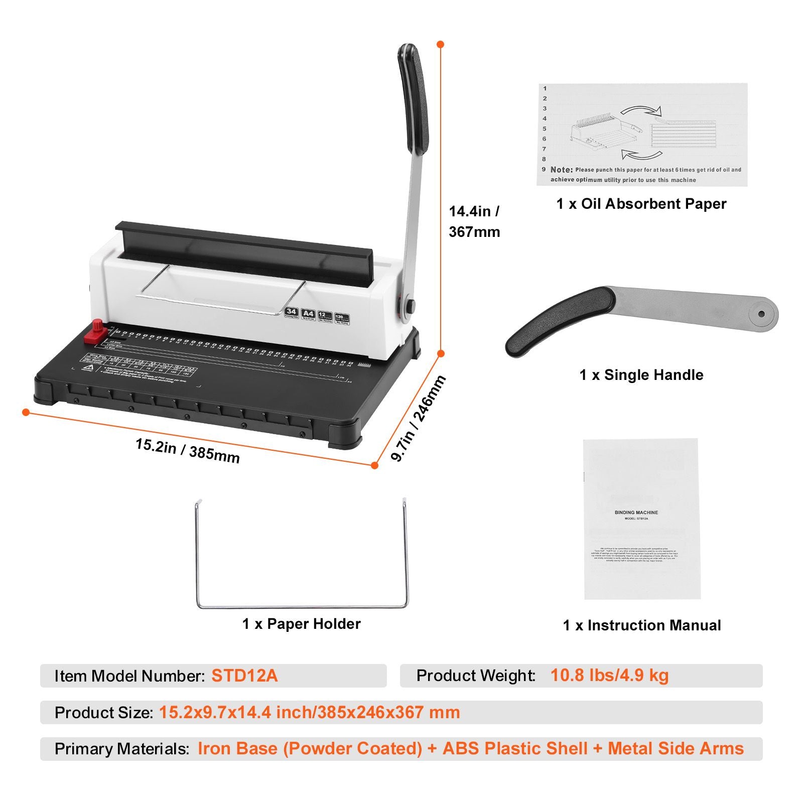 Coil Spiral Binding Machine, Manual Book Maker 34-Holes Binding 120 Sheets, Punch Binder with Adjustable Side Margin, for Letter Size, A4, A5