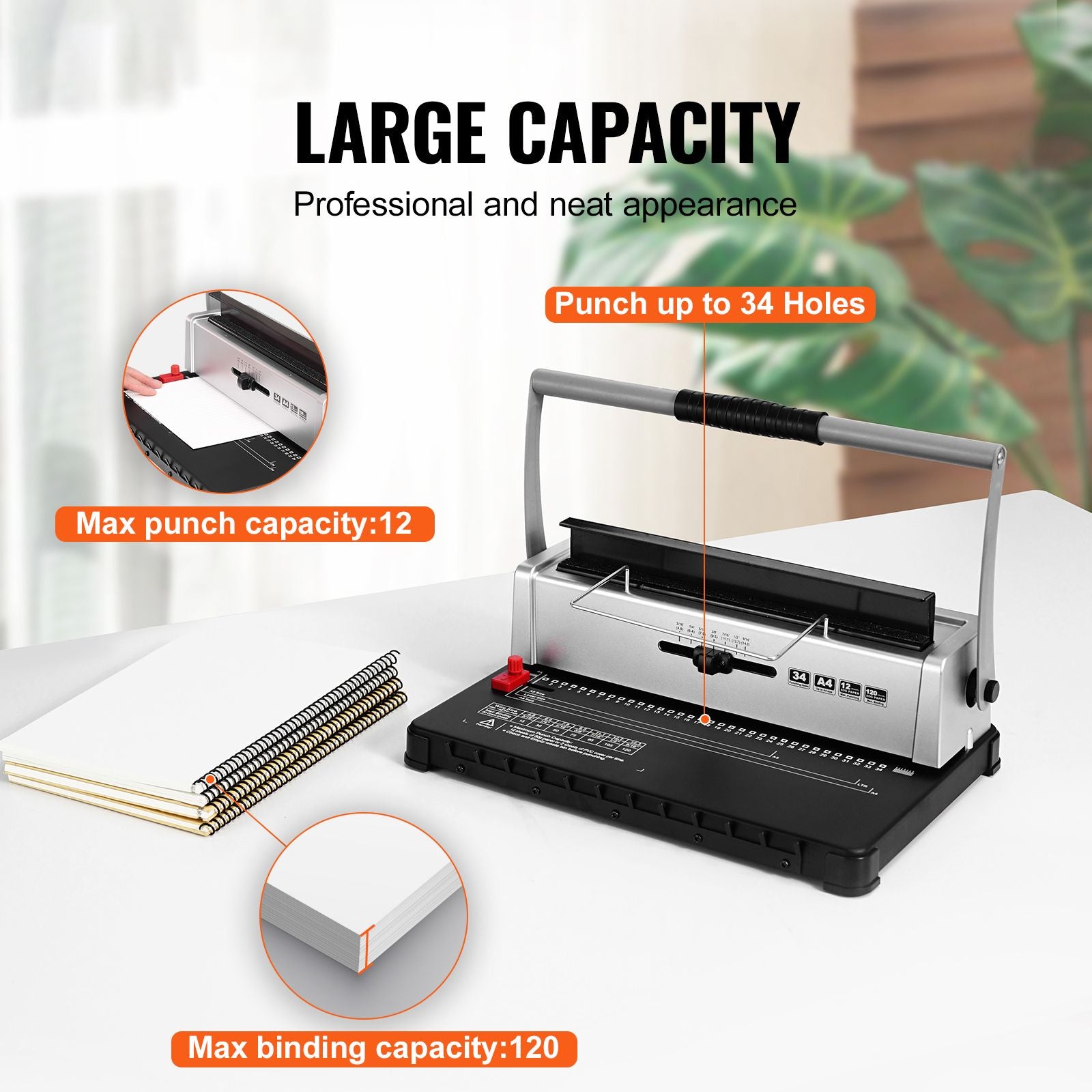 Coil Spiral Binding Machine, Manual Book Maker 34-Holes Binding 120 Sheets, Punch Binder with Adjustable 3/16