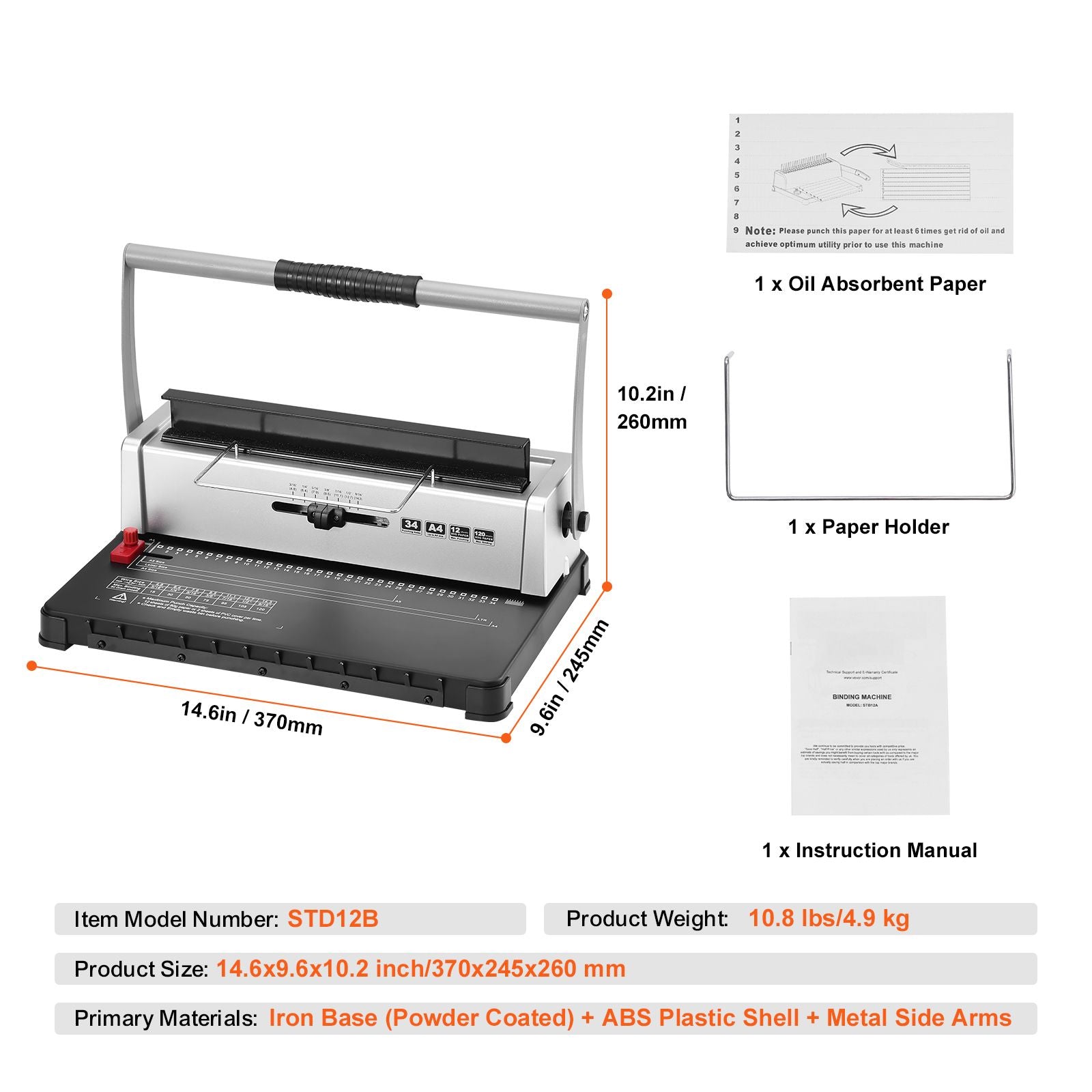 Coil Spiral Binding Machine, Manual Book Maker 34-Holes Binding 120 Sheets, Punch Binder with Adjustable 3/16