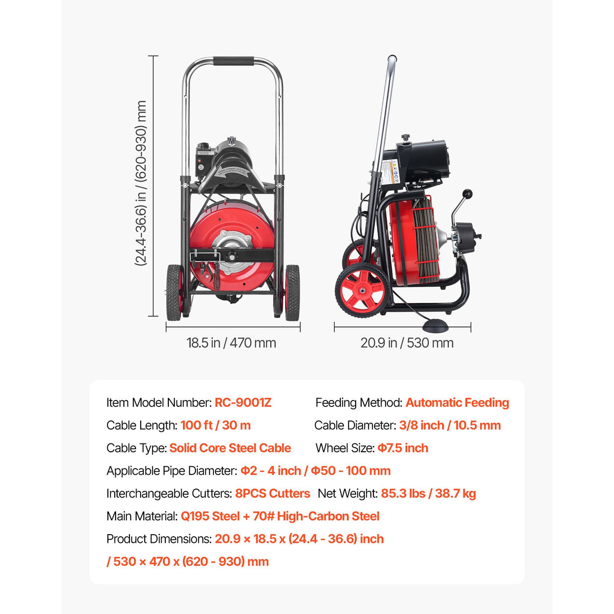 VEVOR 30m x 10.5mm Electric Drain Cleaner, Auto Feed Sewer Auger, 8 Cutters