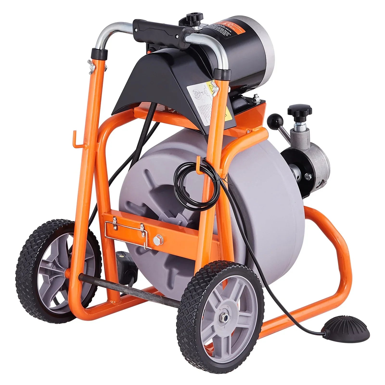Drain Cleaner Machine 100FT x 3/8 Inch, Auto Feed Sewer Snake Drain Auger on Wheels, Portable Drain Cleaning Machine with 8 Cutters & Air-activated Foot Switch for 2