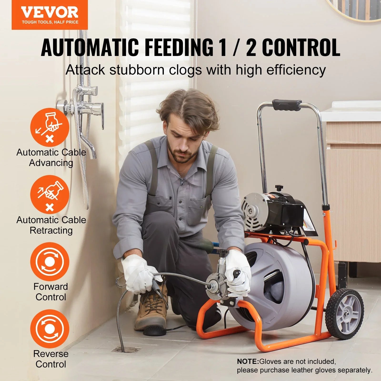 Drain Cleaner Machine 100FT x 3/8 Inch, Auto Feed Sewer Snake Drain Auger on Wheels, Portable Drain Cleaning Machine with 8 Cutters & Air-activated Foot Switch for 2