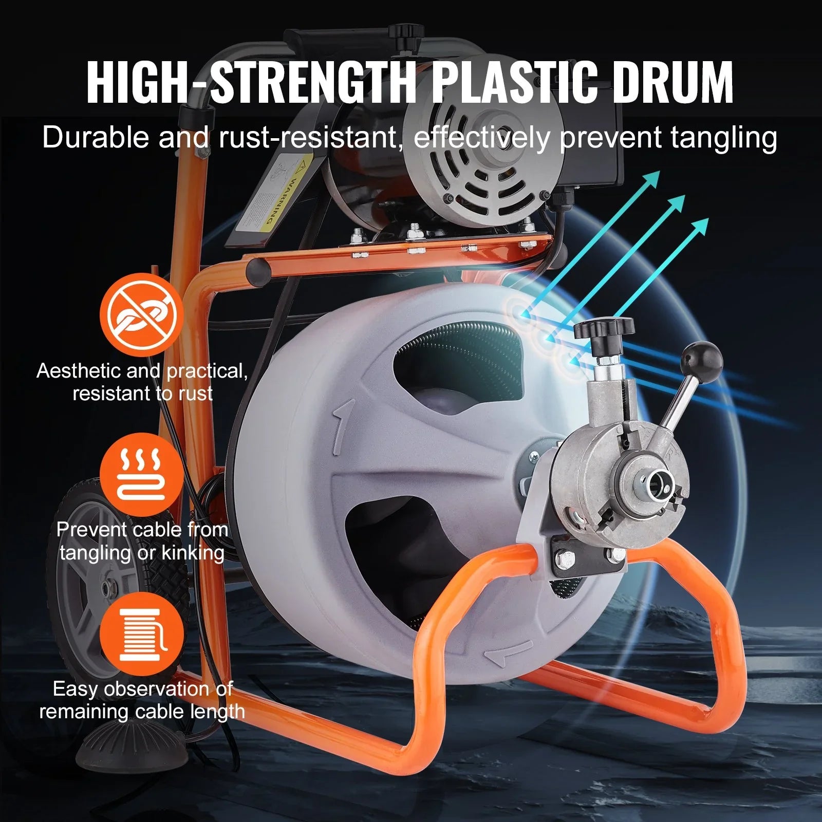 Drain Cleaner Machine 100FT x 3/8 Inch, Auto Feed Sewer Snake Drain Auger on Wheels, Portable Drain Cleaning Machine with 8 Cutters & Air-activated Foot Switch for 2