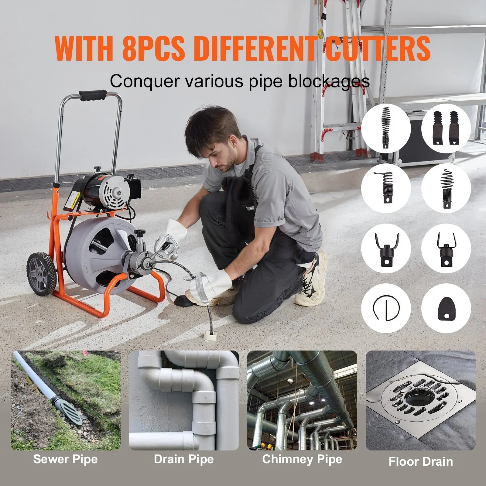 Drain Cleaner Machine 100FT x 3/8 Inch, Auto Feed Sewer Snake Drain Auger on Wheels, Portable Drain Cleaning Machine with 8 Cutters & Air-activated Foot Switch for 2