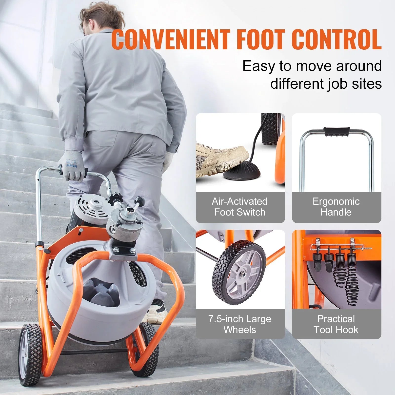Drain Cleaner Machine 100FT x 3/8 Inch, Auto Feed Sewer Snake Drain Auger on Wheels, Portable Drain Cleaning Machine with 8 Cutters & Air-activated Foot Switch for 2