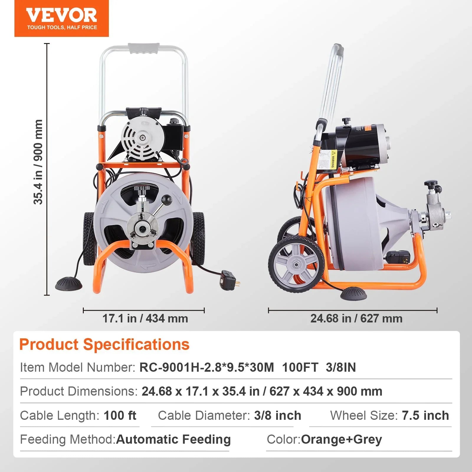 Drain Cleaner Machine 100FT x 3/8 Inch, Auto Feed Sewer Snake Drain Auger on Wheels, Portable Drain Cleaning Machine with 8 Cutters & Air-activated Foot Switch for 2