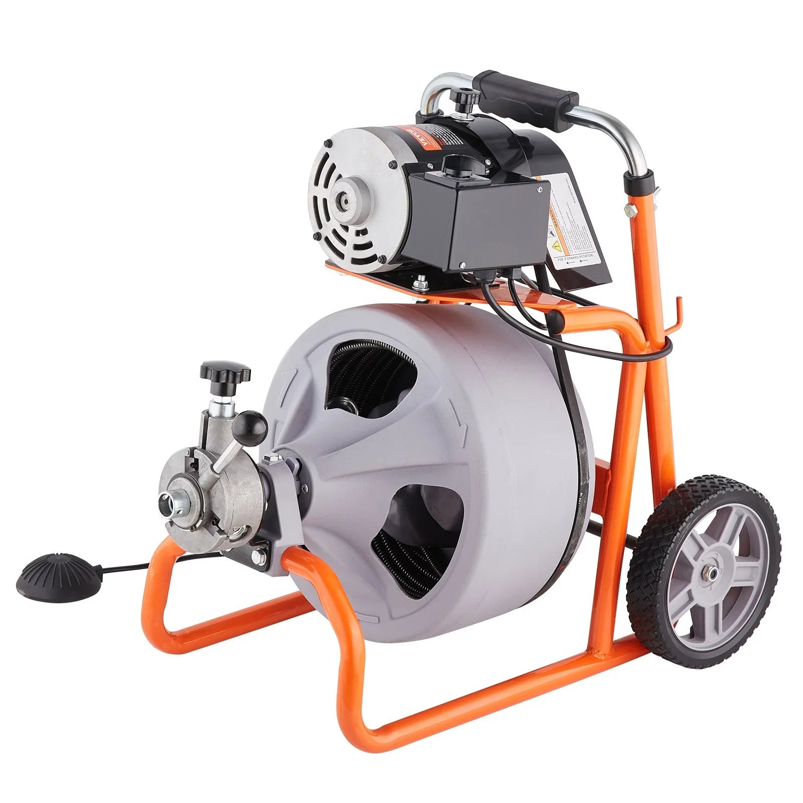 Drain Cleaner Machine 100FT x 3/8 Inch, Auto Feed Sewer Snake Drain Auger on Wheels, Portable Drain Cleaning Machine with 8 Cutters & Air-activated Foot Switch for 2