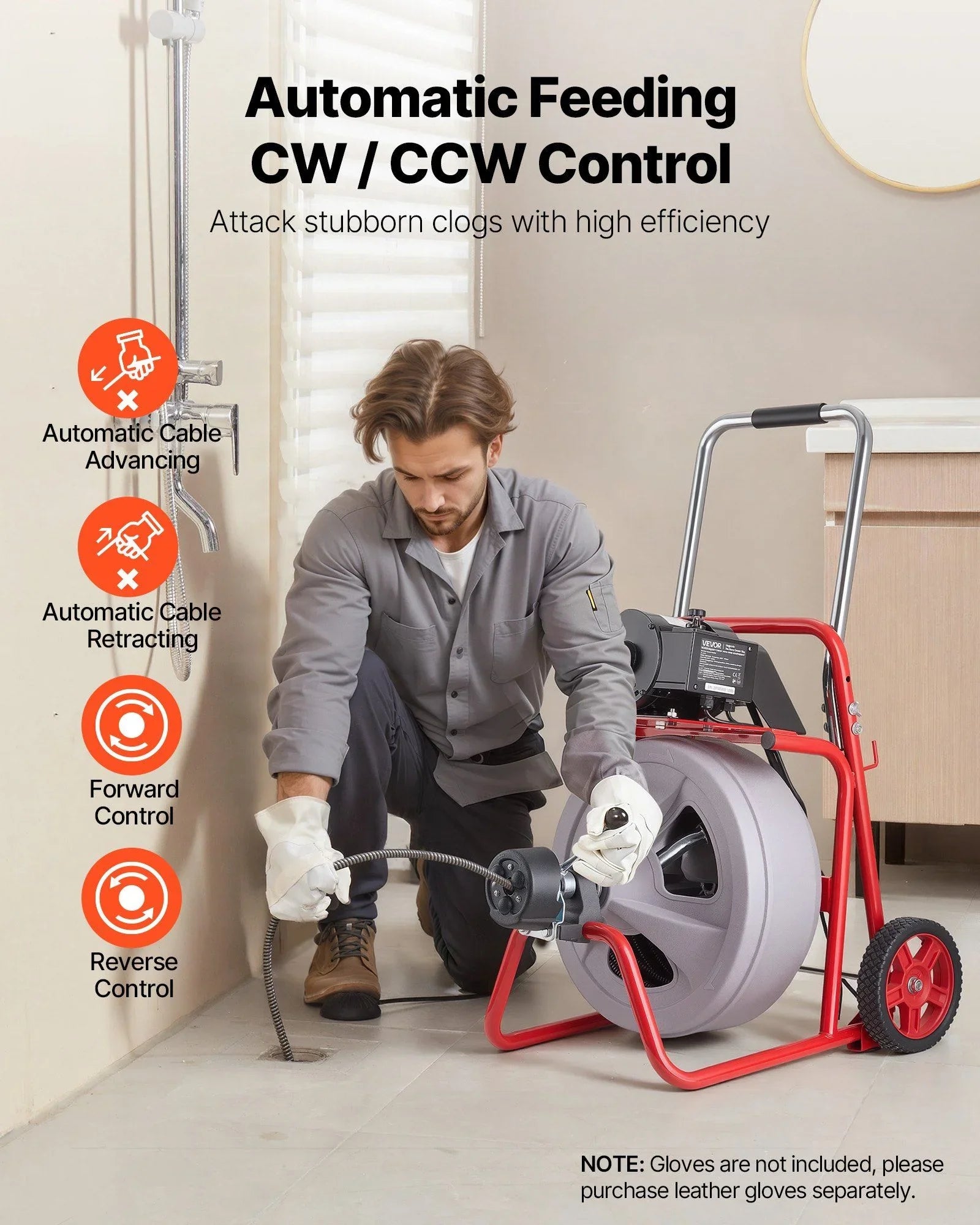 Drain Cleaner Machine 30m x 13mm, Auto Feed Sewer Snake Drain Auger on Wheels, Portable Drain Cleaning Machine with 8 Cutters & Air-Activated Foot Switch for 50mm to 150mm Pipes