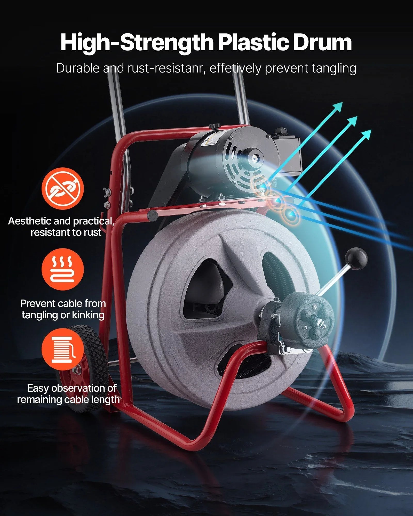 Drain Cleaner Machine 30m x 13mm, Auto Feed Sewer Snake Drain Auger on Wheels, Portable Drain Cleaning Machine with 8 Cutters & Air-Activated Foot Switch for 50mm to 150mm Pipes