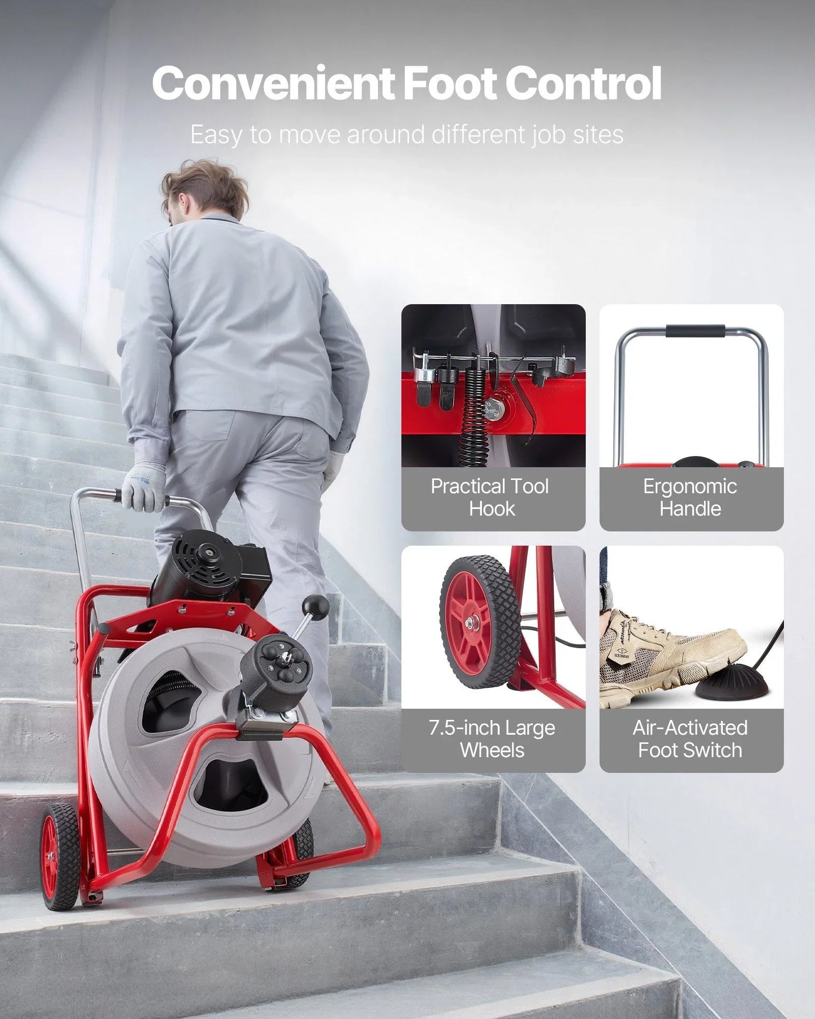 Drain Cleaner Machine 30m x 13mm, Auto Feed Sewer Snake Drain Auger on Wheels, Portable Drain Cleaning Machine with 8 Cutters & Air-Activated Foot Switch for 50mm to 150mm Pipes