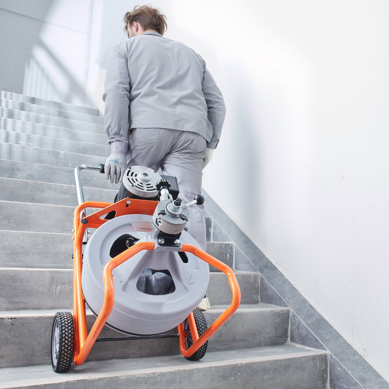 Drain Cleaner Machine 100FT x 1/2 Inch, Auto Feed Sewer Snake Drain Auger on Wheels, Portable Drain Cleaning Machine with 8 Cutters & Air-activated Foot Switch for 2