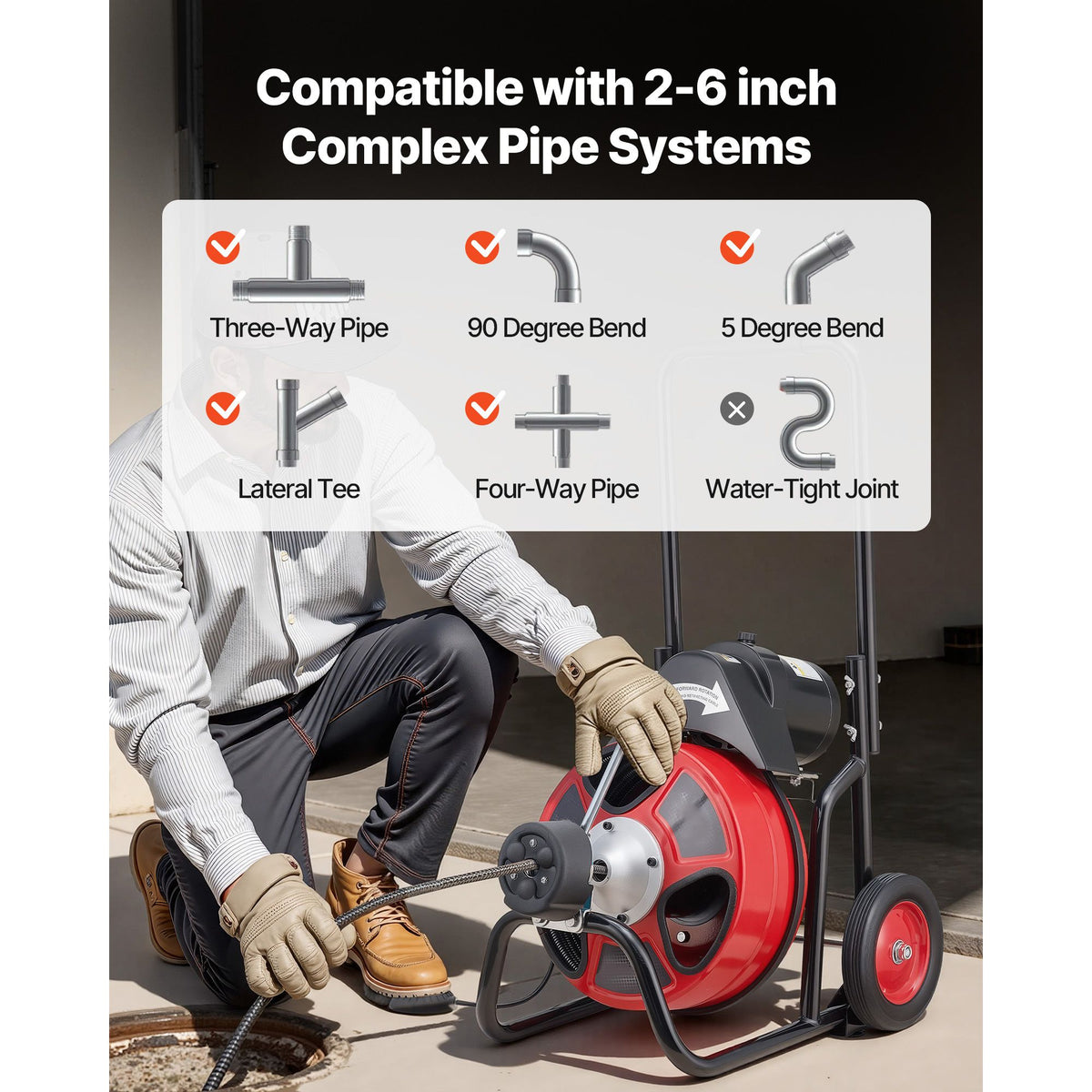 Drain Cleaner Machine 22m x 13mm, Auto Feed Sewer Snake Auger on Wheels, Portable Drain Cleaning Machine with 4 Cutters & Air-activated Foot Switch for 50mm to 150mm Pipes