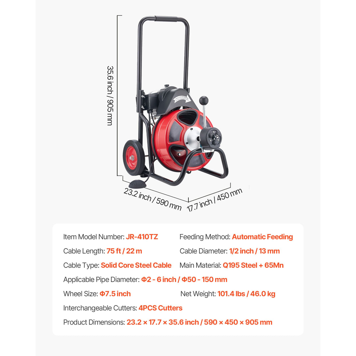 Drain Cleaner Machine 22m x 13mm, Auto Feed Sewer Snake Auger on Wheels, Portable Drain Cleaning Machine with 4 Cutters & Air-activated Foot Switch for 50mm to 150mm Pipes