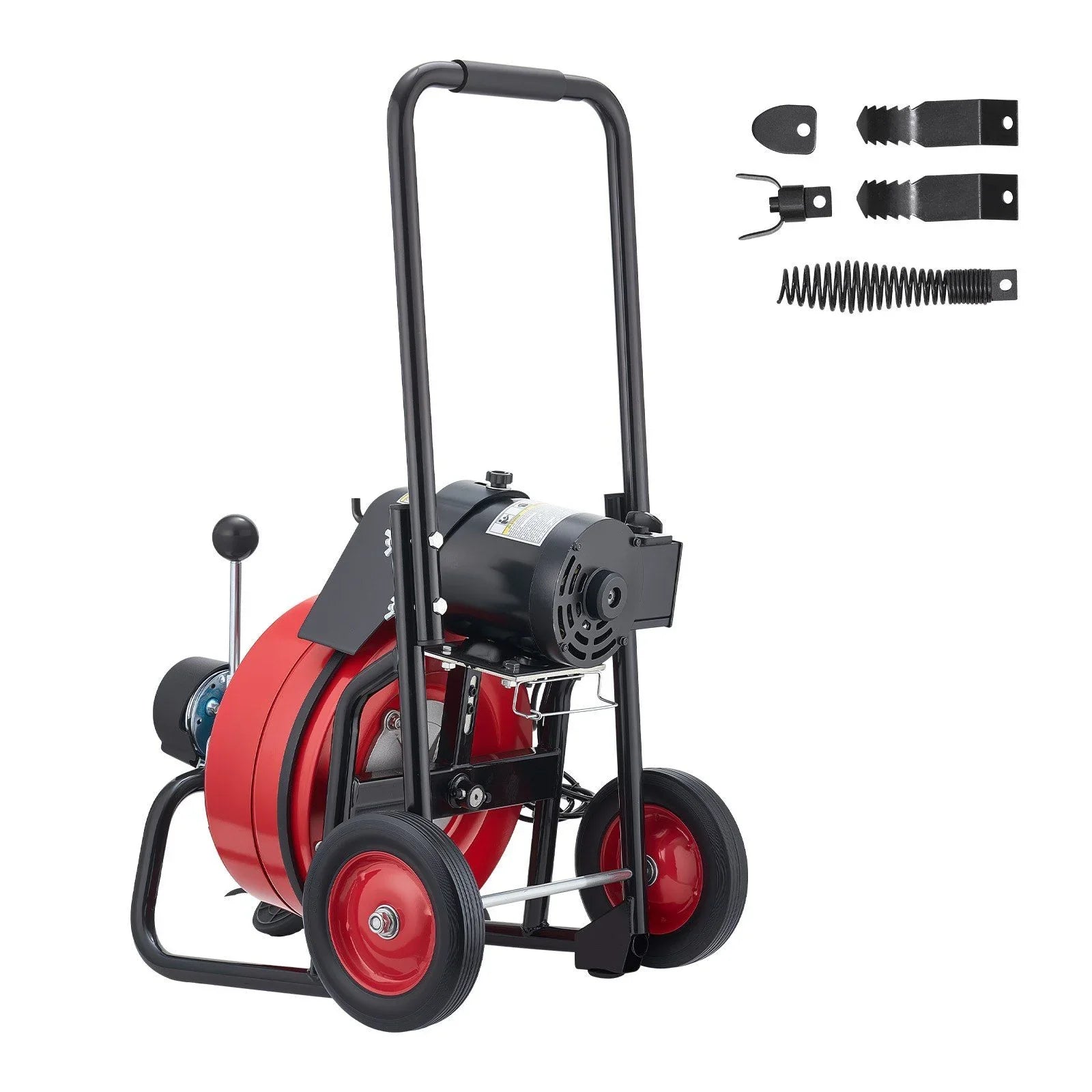 Drain Cleaner Machine 15m x 13mm, Auto Feed Sewer Snake Auger on Wheels, Portable Drain Cleaning Machine with 4 Cutters & Air-activated Foot Switch for 50mm to 150mm Pipes