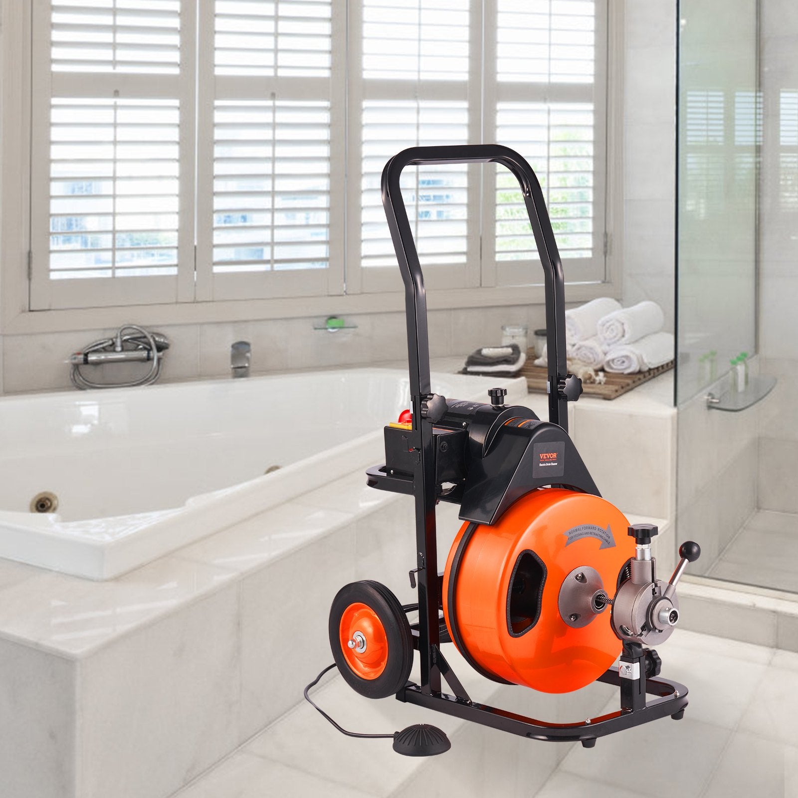 Drain Cleaning Machine 50 FT x 1/2 Inch, Sewer Snake Machine Auto Feed, Drain Auger Cleaner with 4 Cutter & Air-Activated Foot Switch for 1