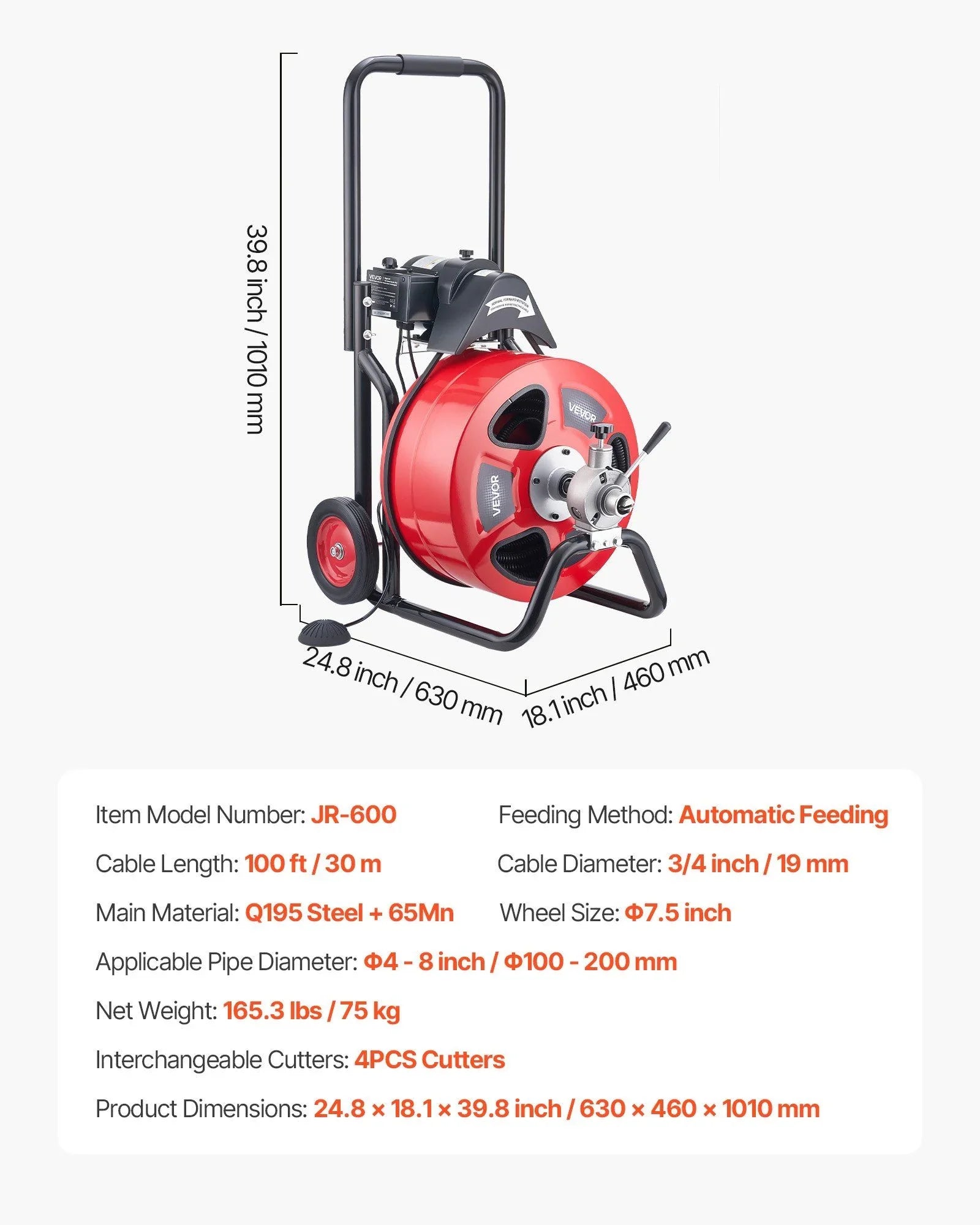 Drain Cleaner Machine 30m x 19mm, Auto Feed Sewer Snake Auger on Wheels, Portable Drain Cleaning Machine with 4 Cutters & Air-activated Foot Switch for 100mm to 200mm Pipes