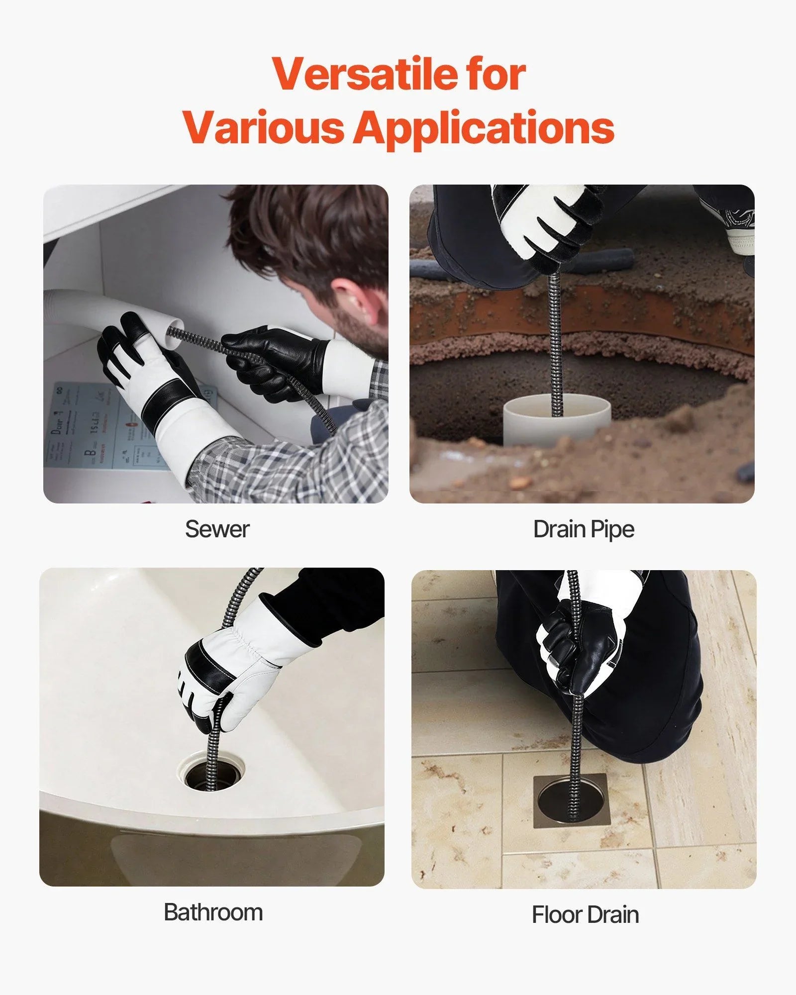 Drain Cleaner Machine 30m x 9.5mm, Auto Feed Sewer Snake Auger on Wheels, Portable Drain Cleaning Machine with 4 Cutters & Air-activated Foot Switch for 50mm to 100mm Pipes