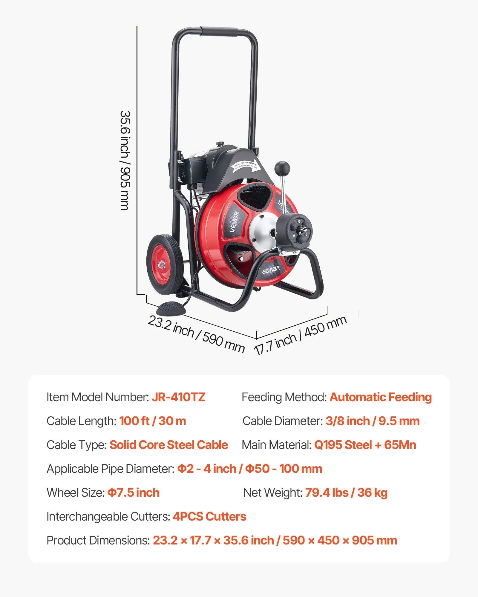 Drain Cleaner Machine 30m x 9.5mm, Auto Feed Sewer Snake Auger on Wheels, Portable Drain Cleaning Machine with 4 Cutters & Air-activated Foot Switch for 50mm to 100mm Pipes