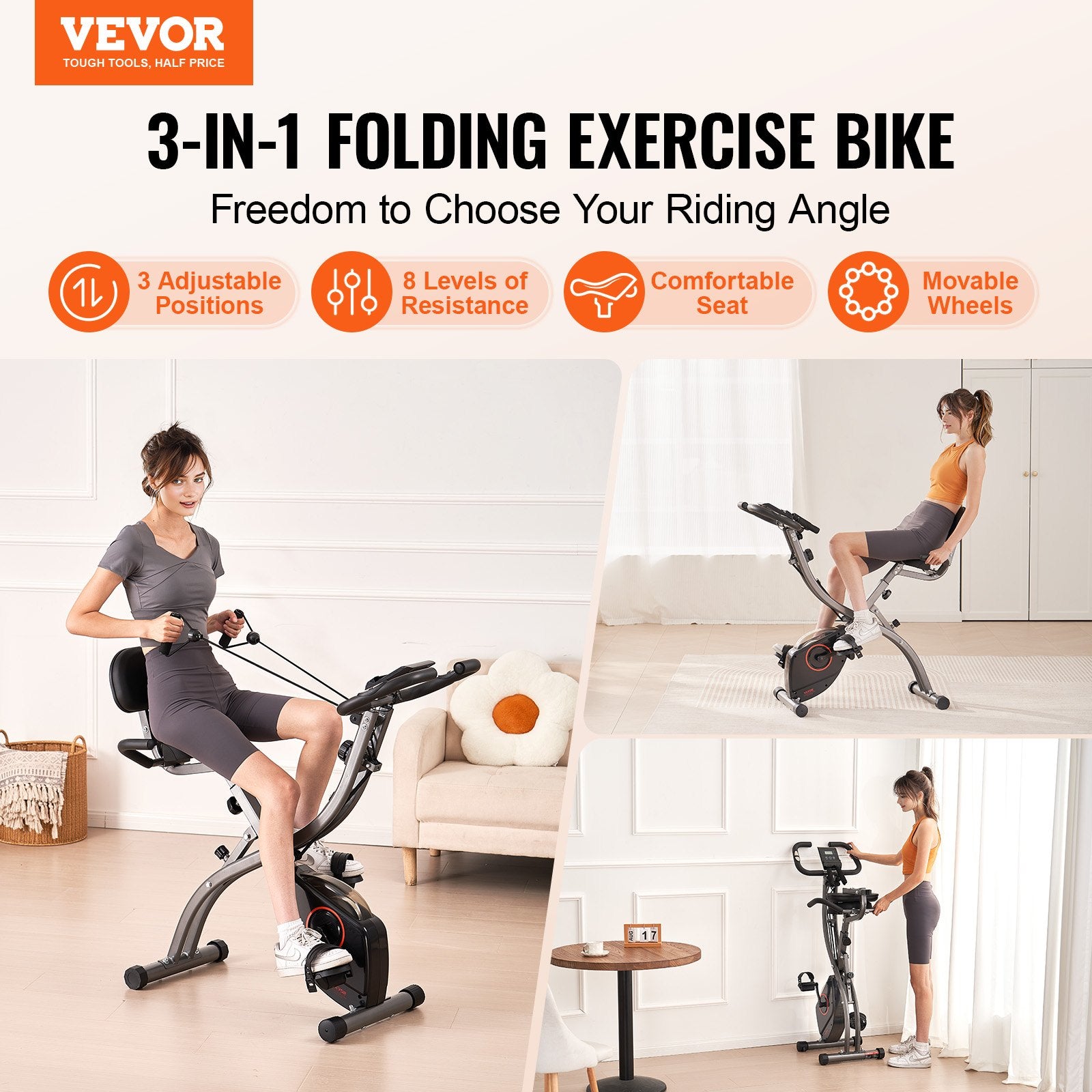 Folding Exercise Bike, Foldable Fitness Stationary Bike, Adjustable Magnetic Resistance Stationary Bike, Upright Indoor Cycling Bike for Home Gym Workout, Comfortable Seat Cushion, LCD Monitor