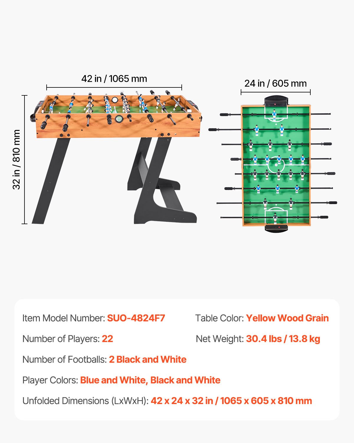 Folding Foosball Table, 106 cm Standard Size Table, Indoor Full Size Foosball Tables for Home, Family, and Game Room, Durable Soccer Set, Includes 2 Balls