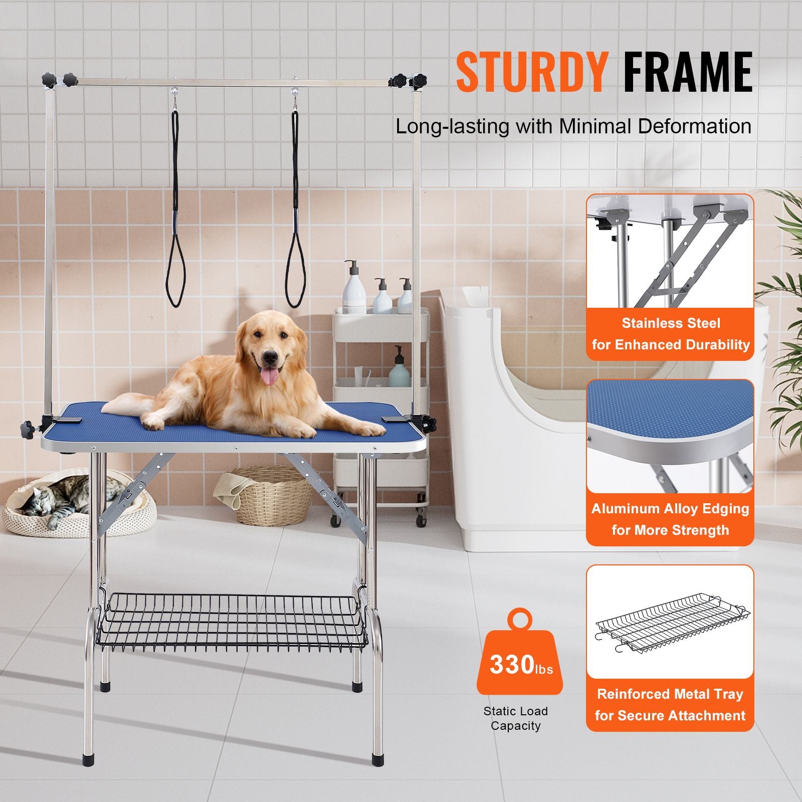 36in Foldable Pet Grooming Table with Double Arms & Clamp 150kg Capacity