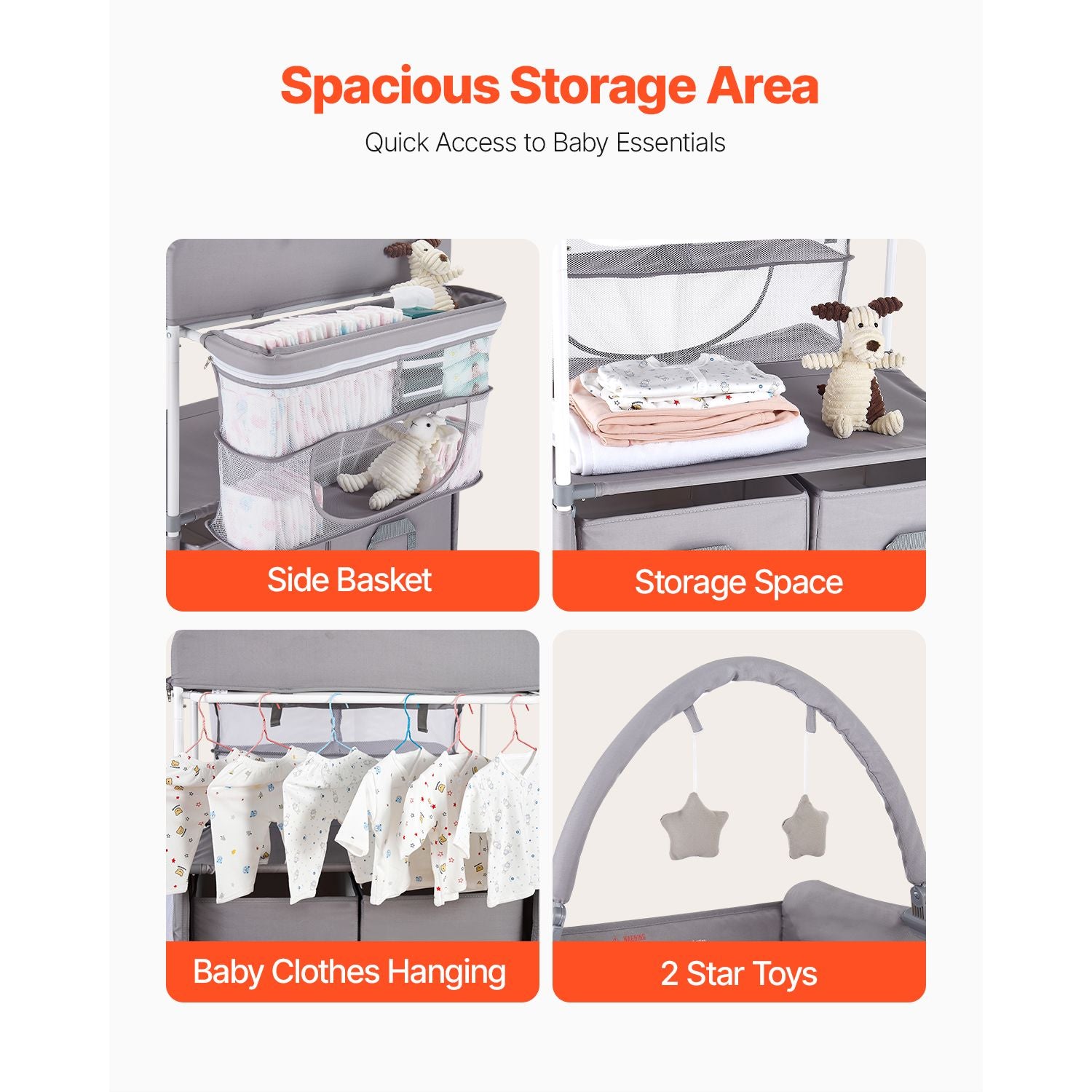 Baby Changing Table, Foldable Diaper Change Station with 2 Fabric Drawers, Side Basket & Hanging Rod, Adjustable Height Portable Changing Table with Lockable Wheels & 2 Star Toys, Light Gray