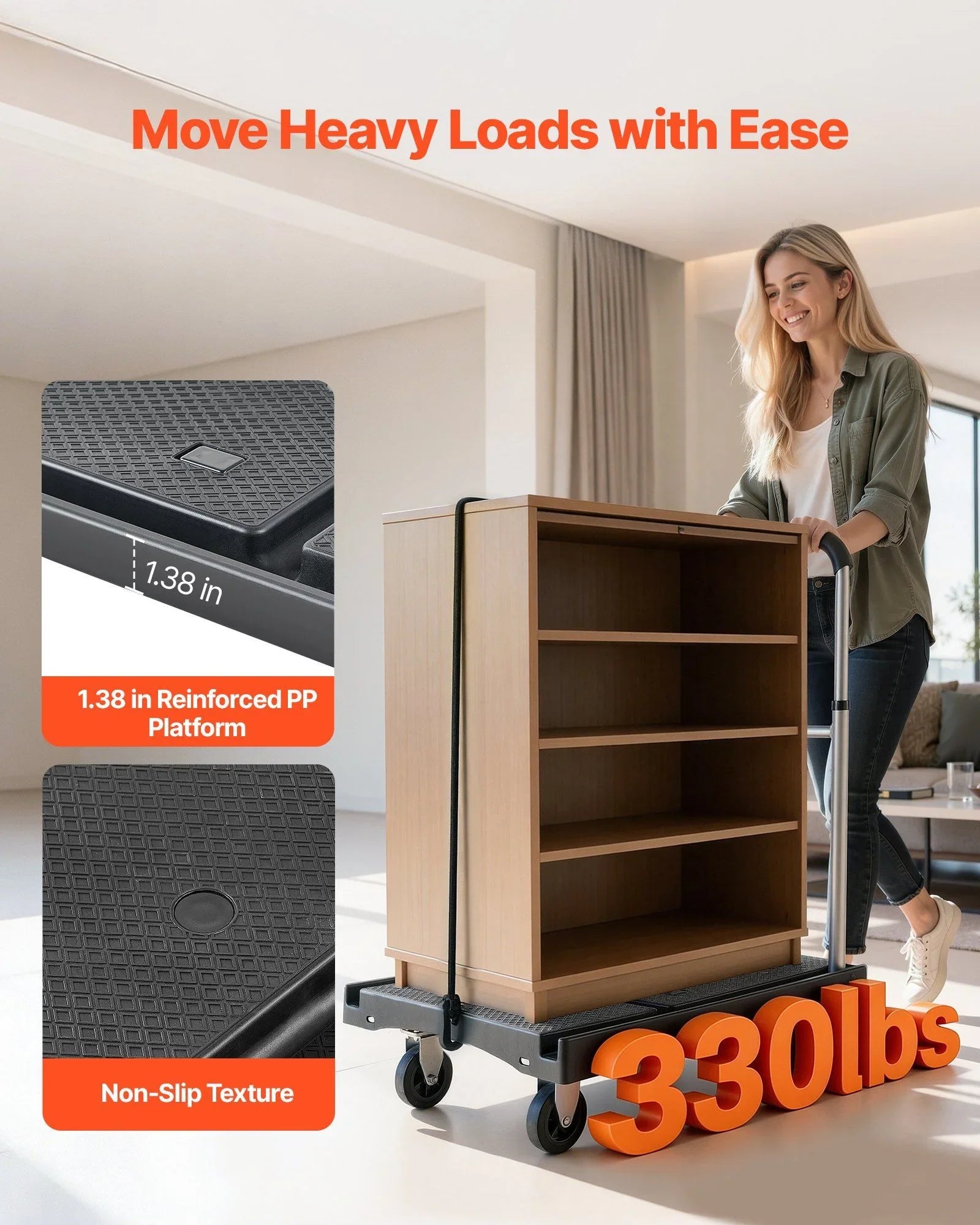 Foldable Push Cart Dolly, 149.69 kg Capacity, Folding Platform Truck with Swivel Wheels, Moving Platform Hand Truck Flatbed Cart, Adjustable Push Handle, for Easy Storage, 680 x 495 x 115 mm