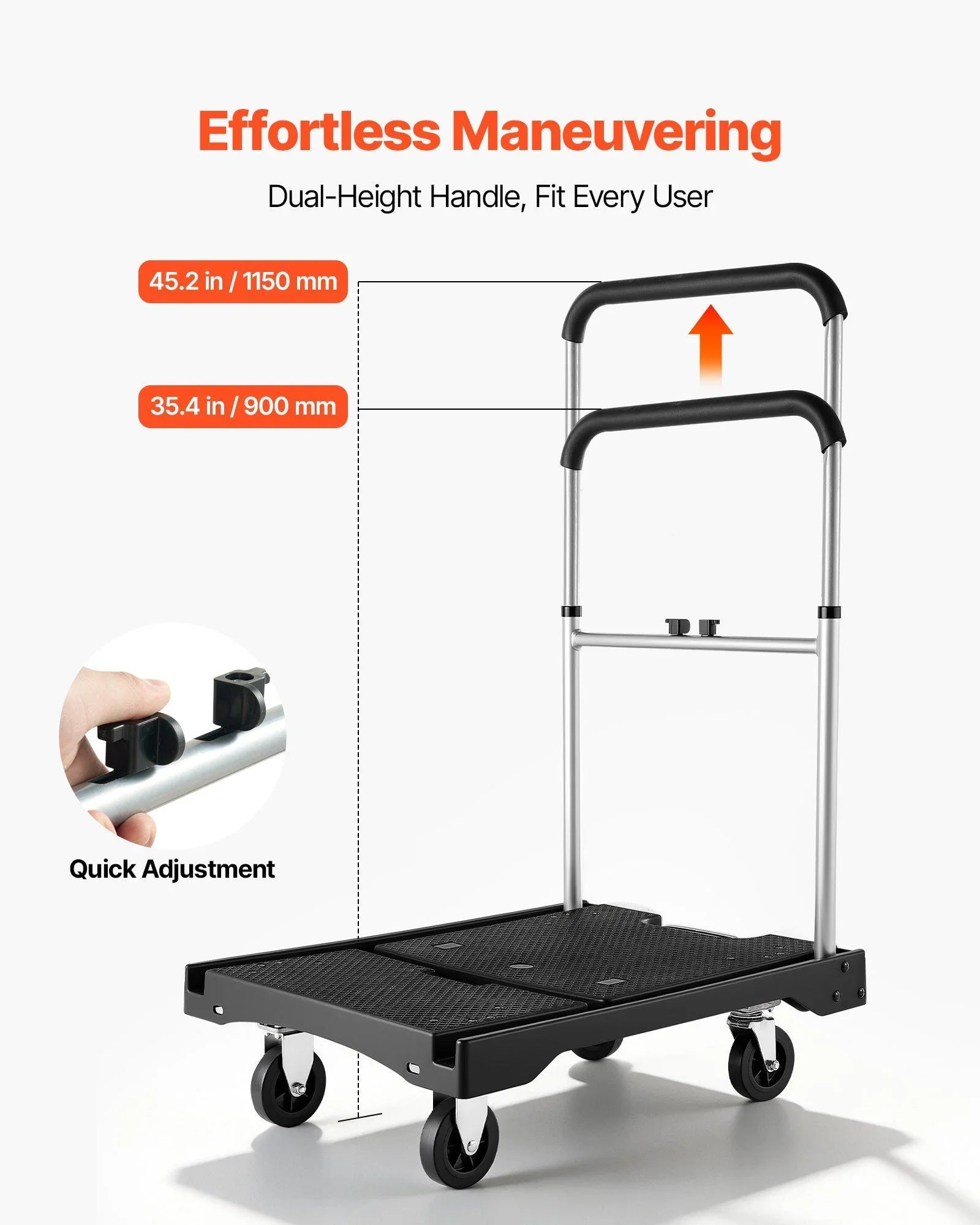 Foldable Push Cart Dolly, 149.69 kg Capacity, Folding Platform Truck with Swivel Wheels, Moving Platform Hand Truck Flatbed Cart, Adjustable Push Handle, for Easy Storage, 680 x 495 x 115 mm